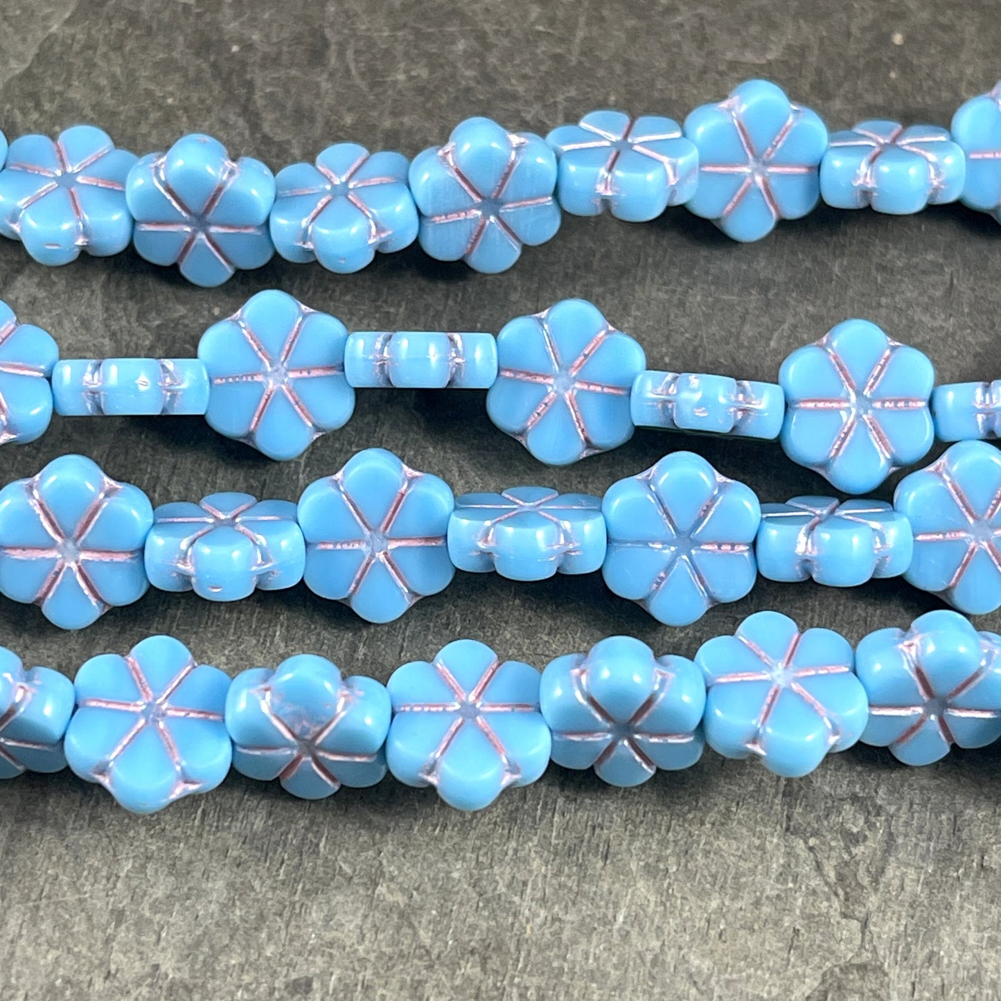 Czech Flower Beads 10mm Opaque Light Blue Flower Sky Blue with Pink Wash Czech Glass Beads (TCFMN-27) * Qty. 8