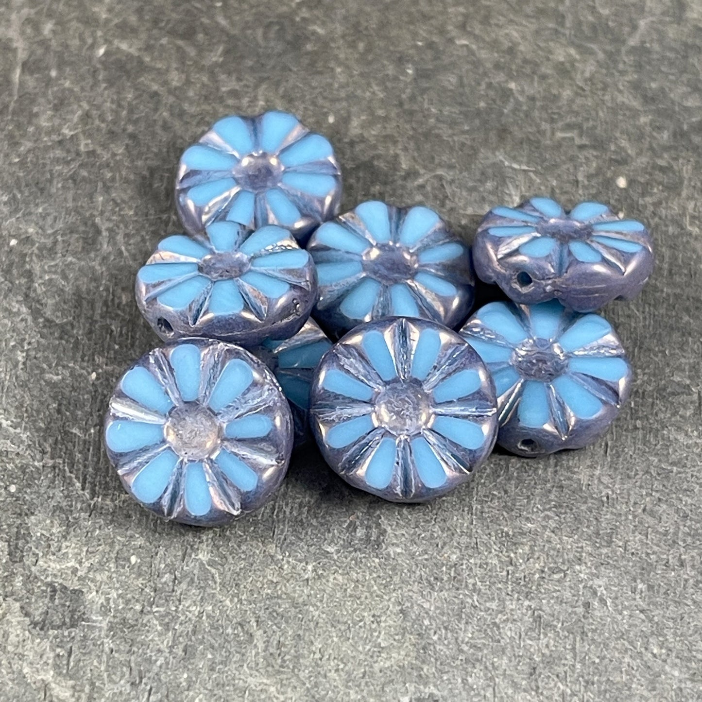 12mm Table Cut Denim Blue Silk Sunflower Coin Beads ~ Sky Blue Picasso Czech Glass Beads (TCF-48) * Qty. 6