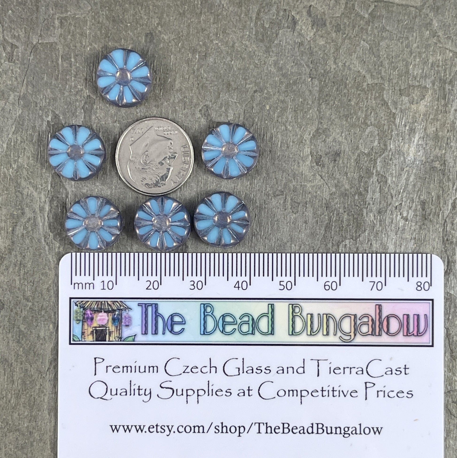 12mm Table Cut Denim Blue Silk Sunflower Coin Beads ~ Sky Blue Picasso Czech Glass Beads (TCF-48) * Qty. 6