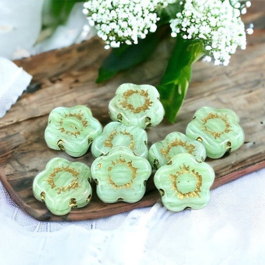 Light Green Czech Glass Flower Beads ~ 10mm Apple Blossom Bead ~ Opaque Pastel Green and Gold (AB8) * Qty. 10