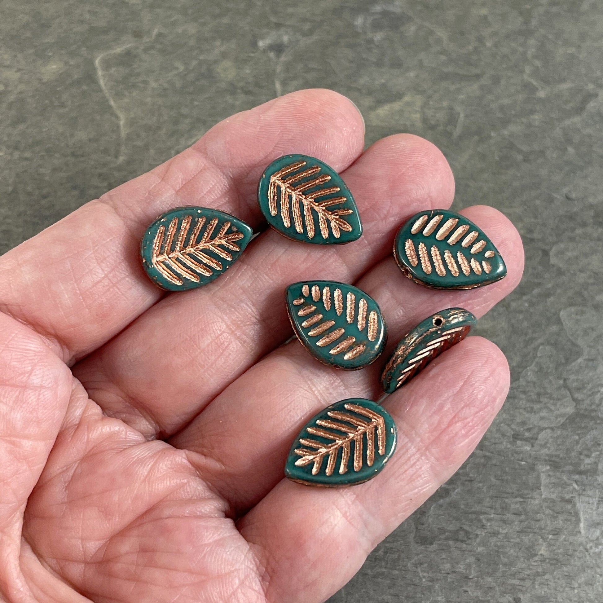 16x12mm Teal Briolette Dogwood Leaf Beads ~ Czech Glass Beads ~ Opaque Teal with Copper Wash (L/N-1433) * Qty. 8