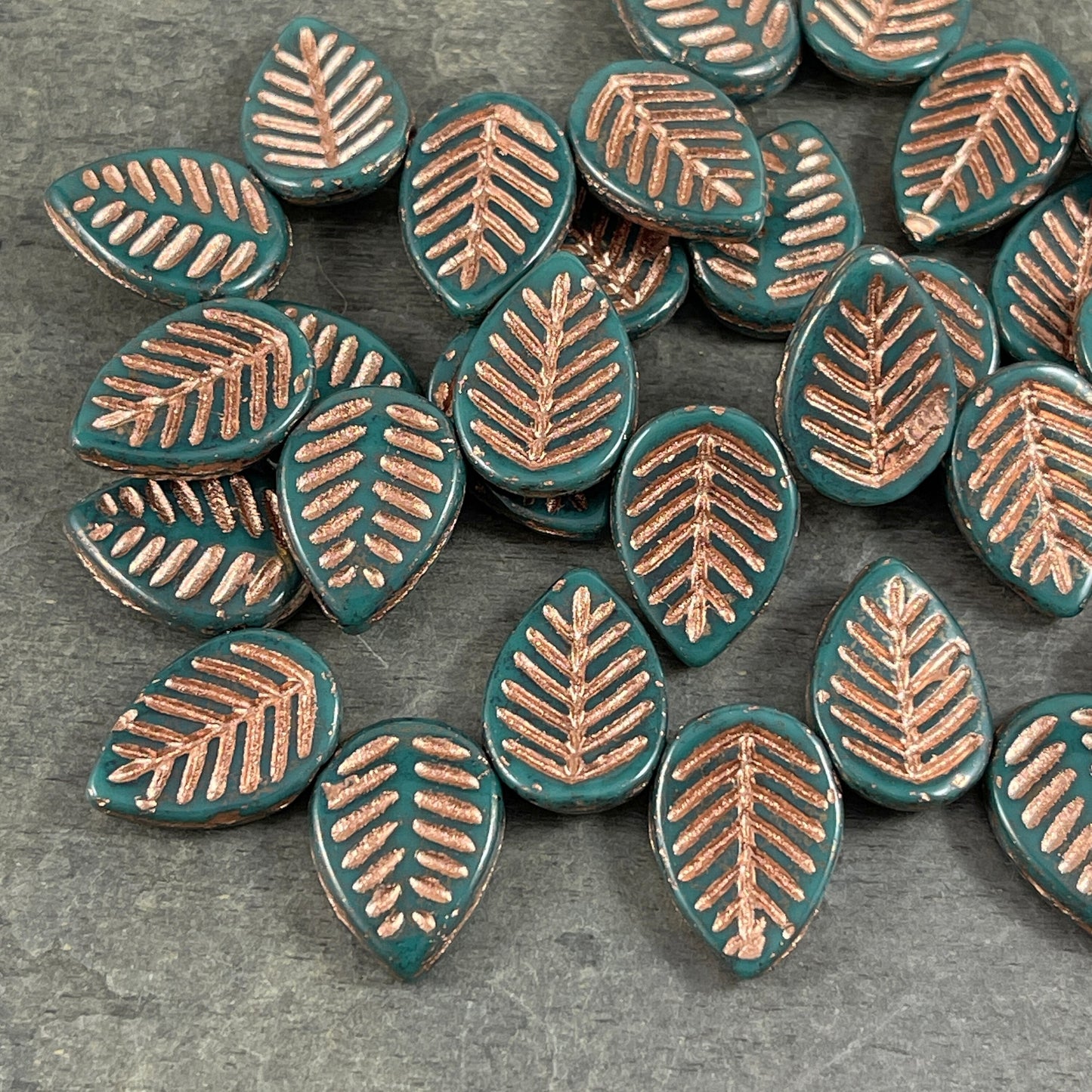 16x12mm Teal Briolette Dogwood Leaf Beads ~ Czech Glass Beads ~ Opaque Teal with Copper Wash (L/N-1433) * Qty. 8