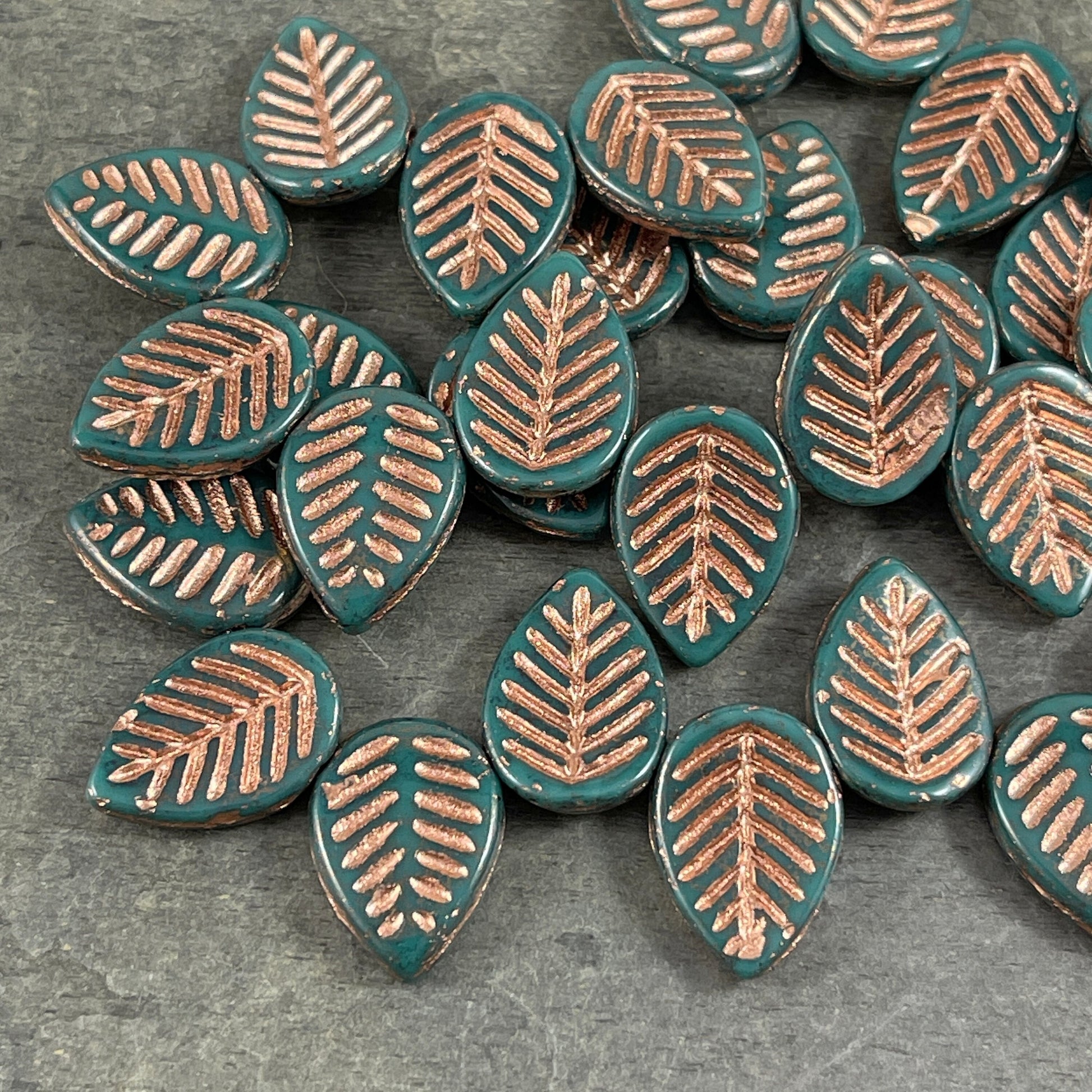 16x12mm Teal Briolette Dogwood Leaf Beads ~ Czech Glass Beads ~ Opaque Teal with Copper Wash (L/N-1433) * Qty. 8