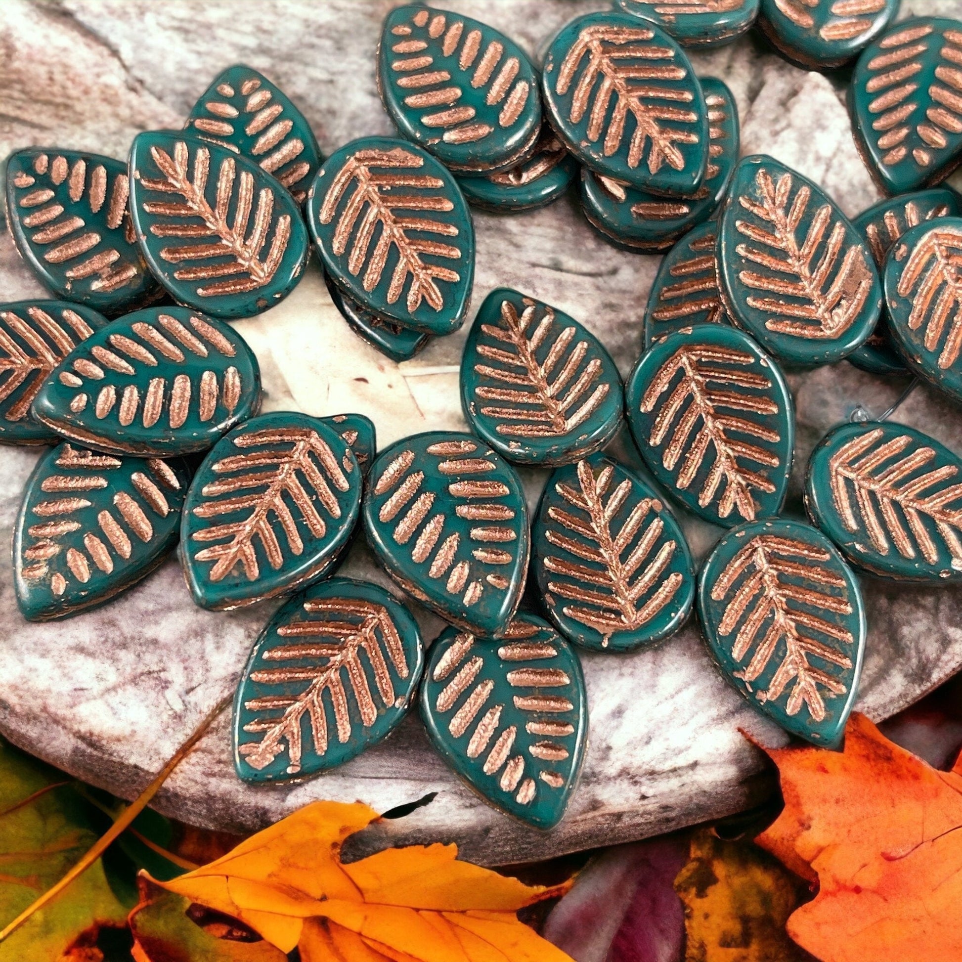 16x12mm Teal Briolette Dogwood Leaf Beads ~ Czech Glass Beads ~ Opaque Teal with Copper Wash (L/N-1433) * Qty. 8