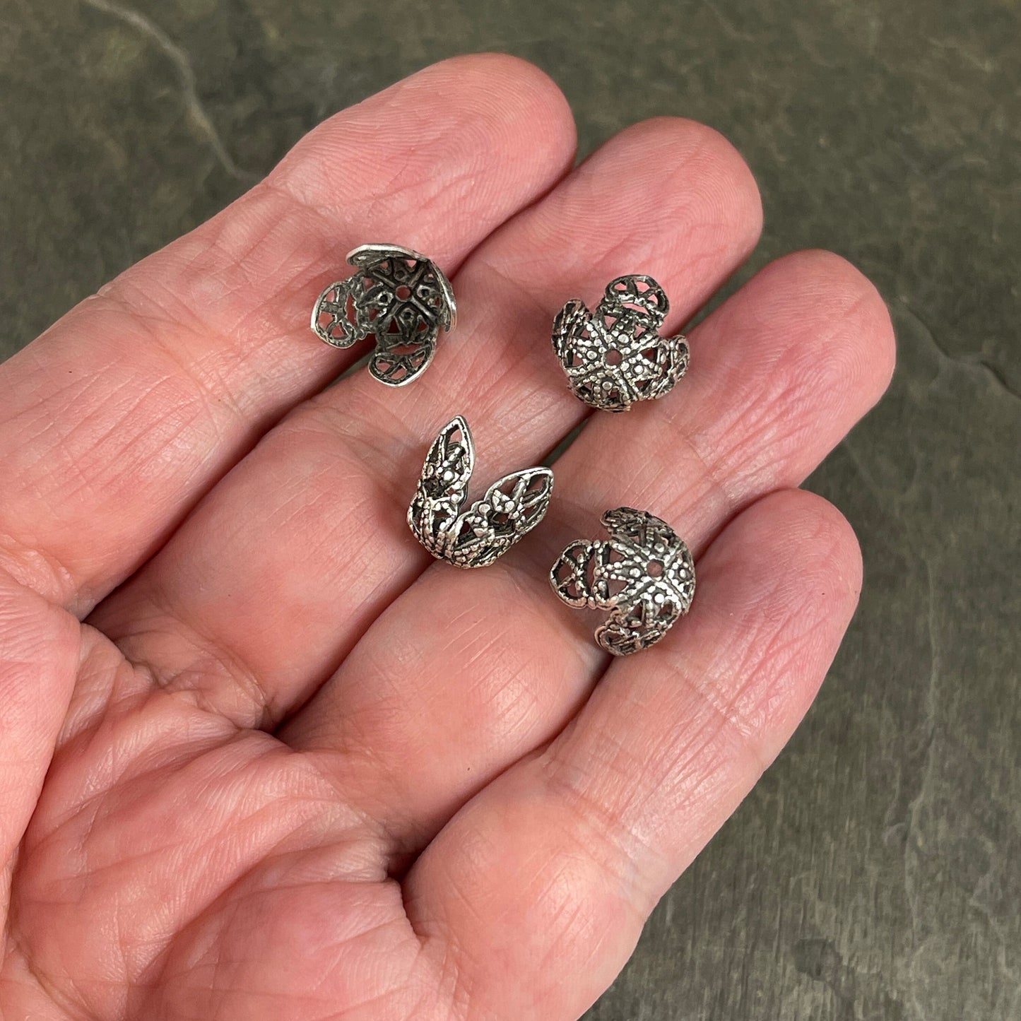 9mm Oxidized Silver Bead Caps ~ Bendable, Filigree Bead Caps ~ Oxidized Sterling Silver Plated Brass (VJS-BB68) * Qty. 4