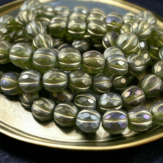 Matte Avocado Green Czech Glass Melon Bead with Gold Luster and Wash ~ 8mm Faceted Melon Shape Beads (8FM/N-1786) * Qty. 10