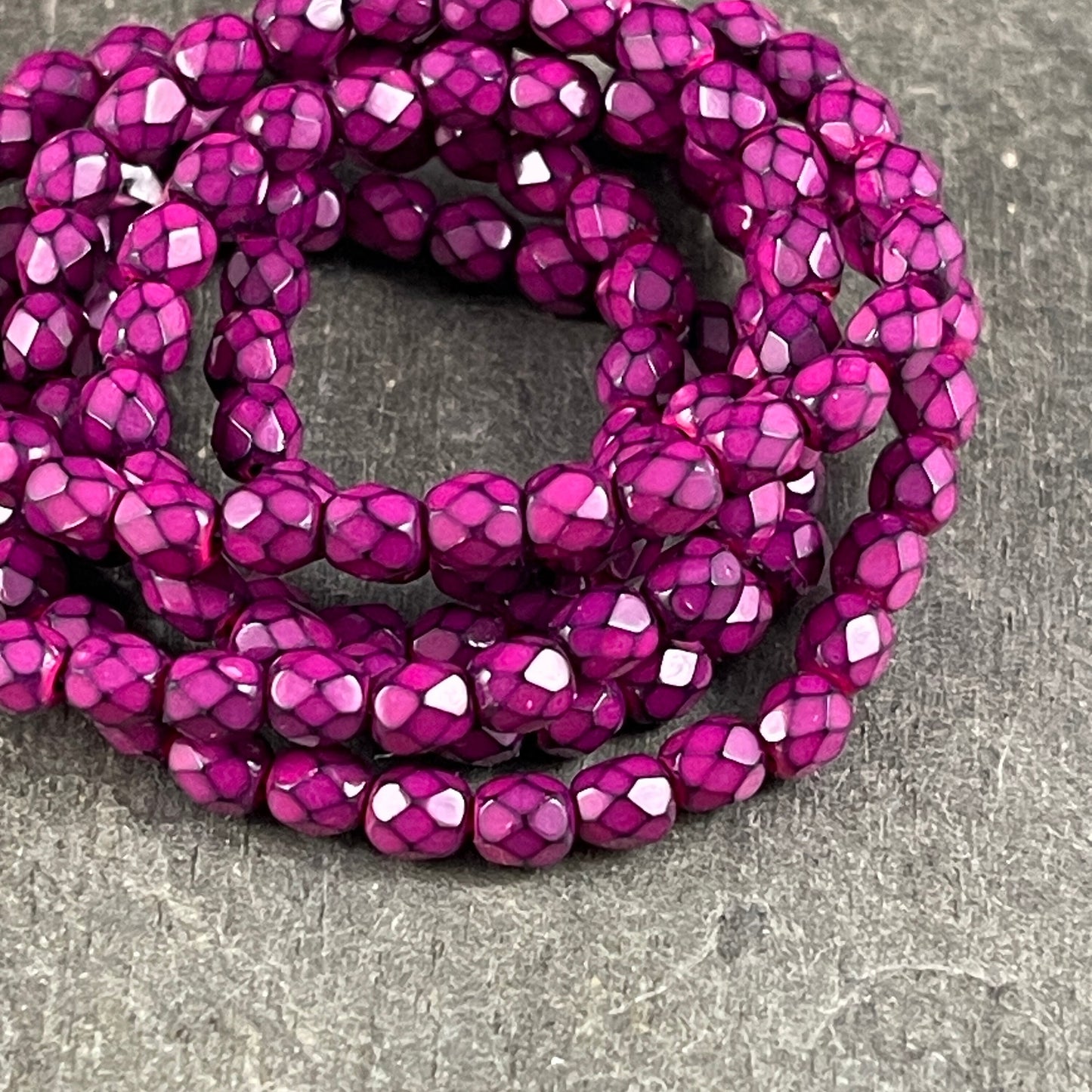 Fuchsia Pink Beads 4mm Czech Glass Faceted Round Beads - Fuchsia and Black Serpentine (FP4/RJ-1839) * Qty. 50