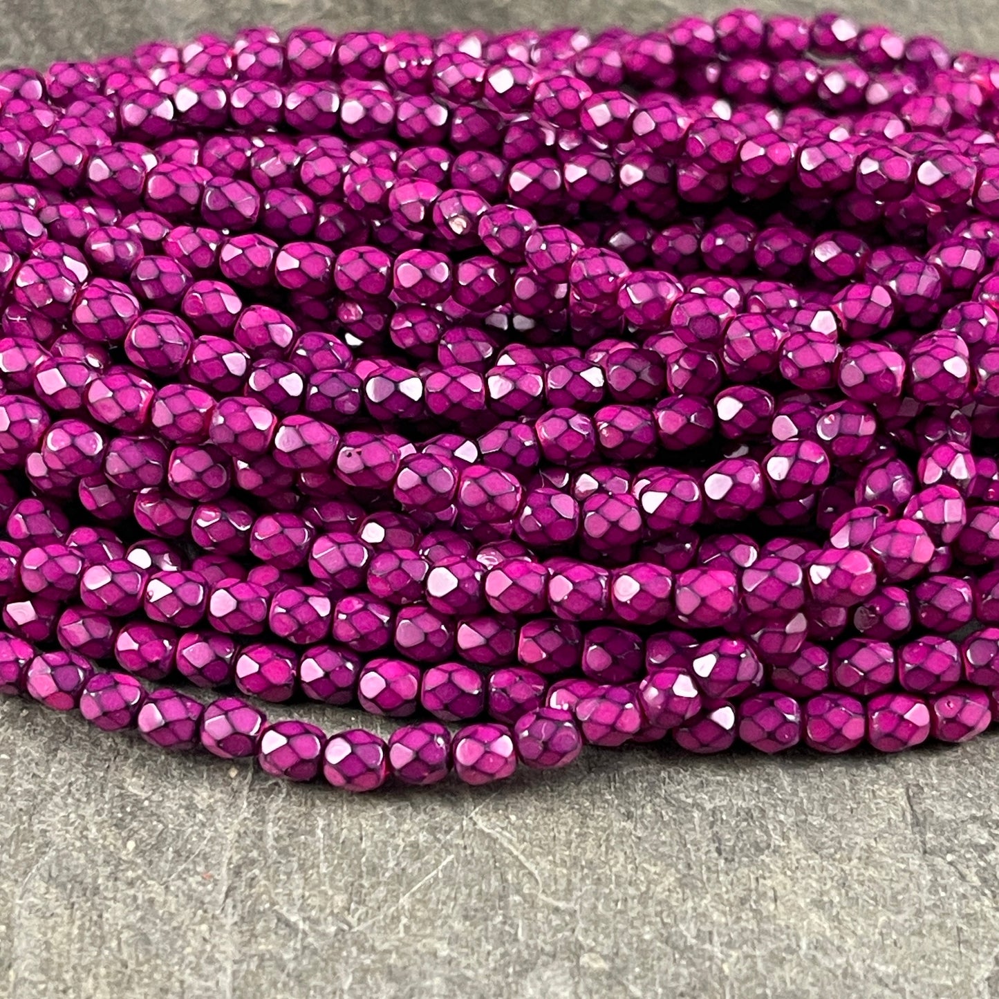 Fuchsia Pink Beads 4mm Czech Glass Faceted Round Beads - Fuchsia and Black Serpentine (FP4/RJ-1839) * Qty. 50