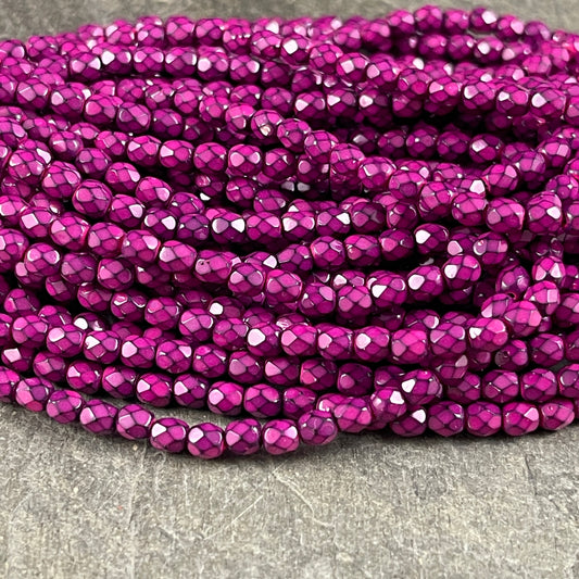 Fuchsia Pink Beads 4mm Czech Glass Faceted Round Beads - Fuchsia and Black Serpentine (FP4/RJ-1839) * Qty. 50