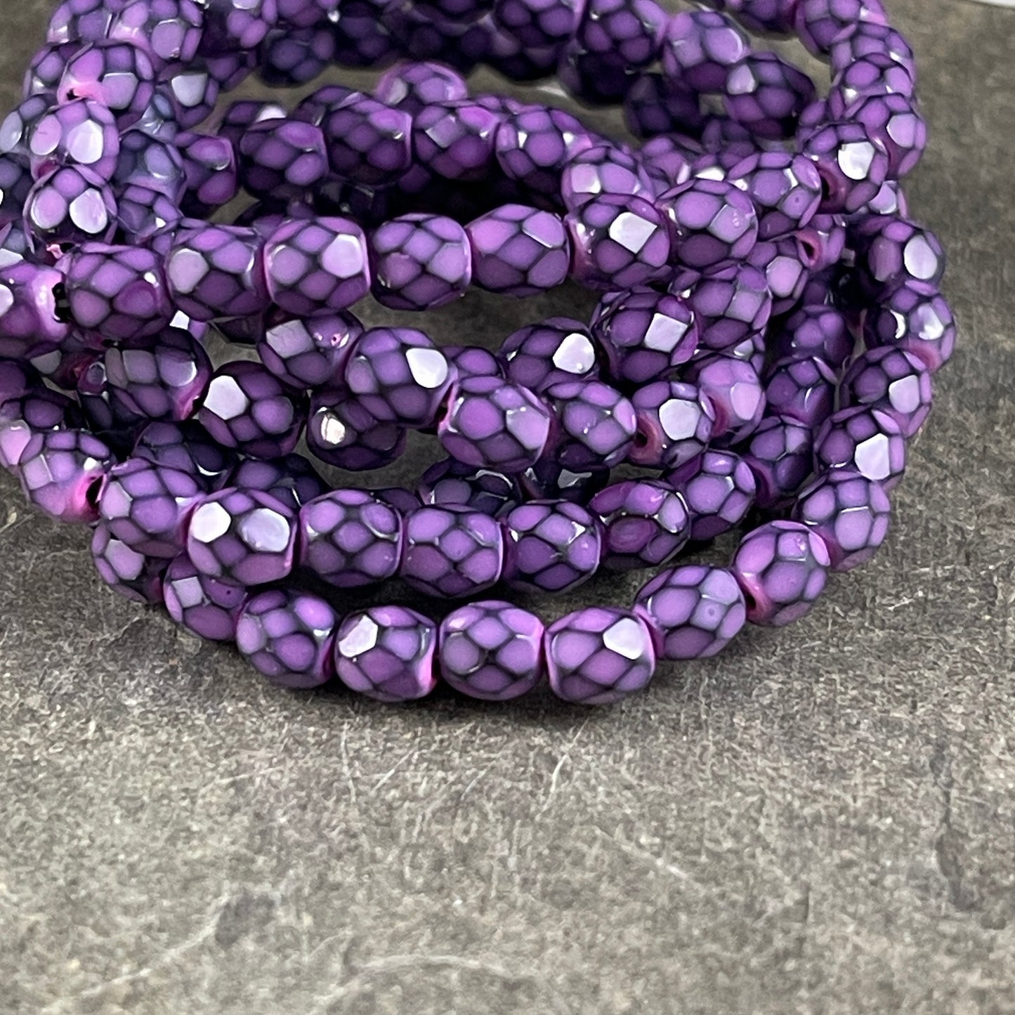 4mm Purple and Black Faceted Round Czech Glass Beads ~ Purple and Black Serpentine Design Spacer Bead (FP4/RJ-1884) * Qty. 50