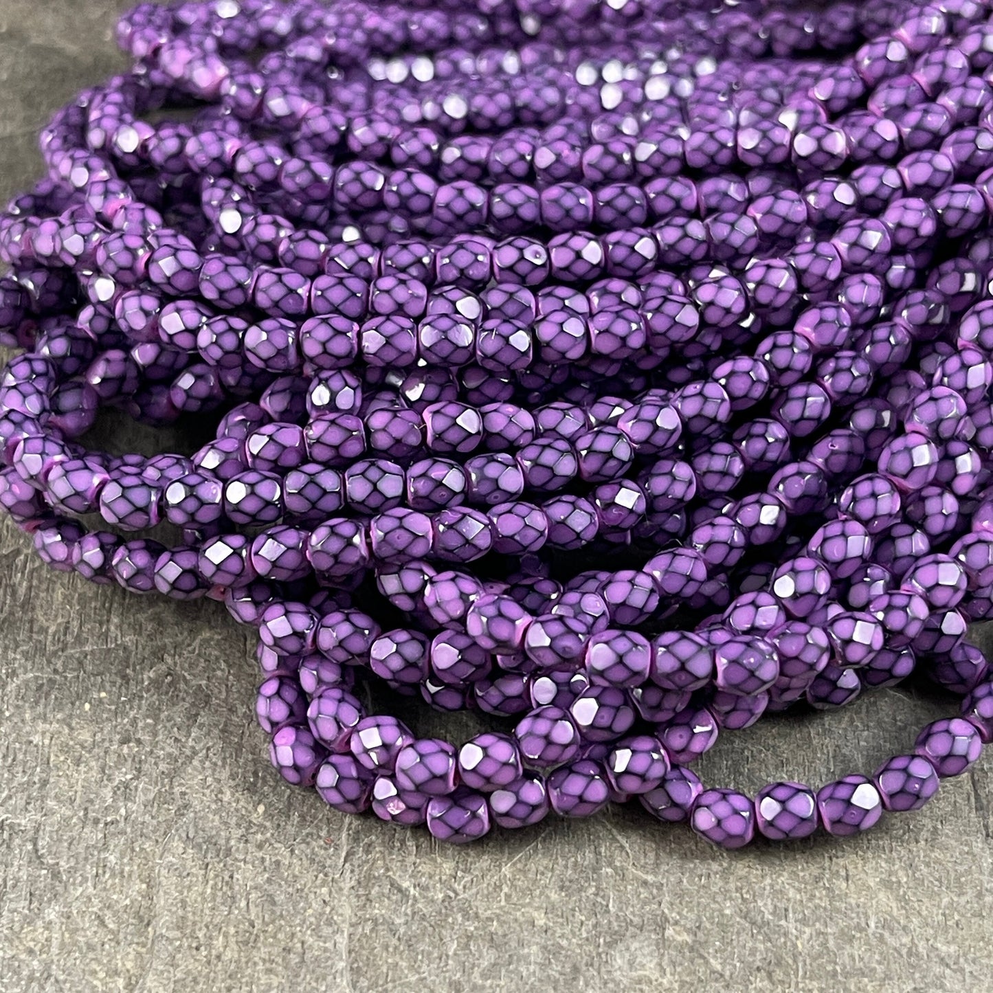 4mm Purple and Black Faceted Round Czech Glass Beads ~ Purple and Black Serpentine Design Spacer Bead (FP4/RJ-1884) * Qty. 50