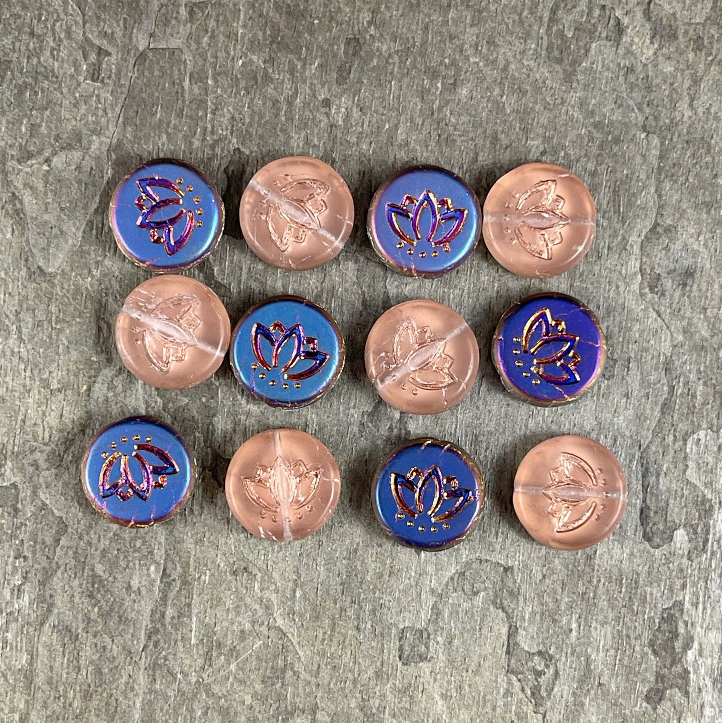 Czech Glass Beads - 14mm Lotus Flower Bead Matte Pink with Purple/Orange Iridescent Half Coat - Colorful Lotus Coin (RJ-4047) * Qty. 6