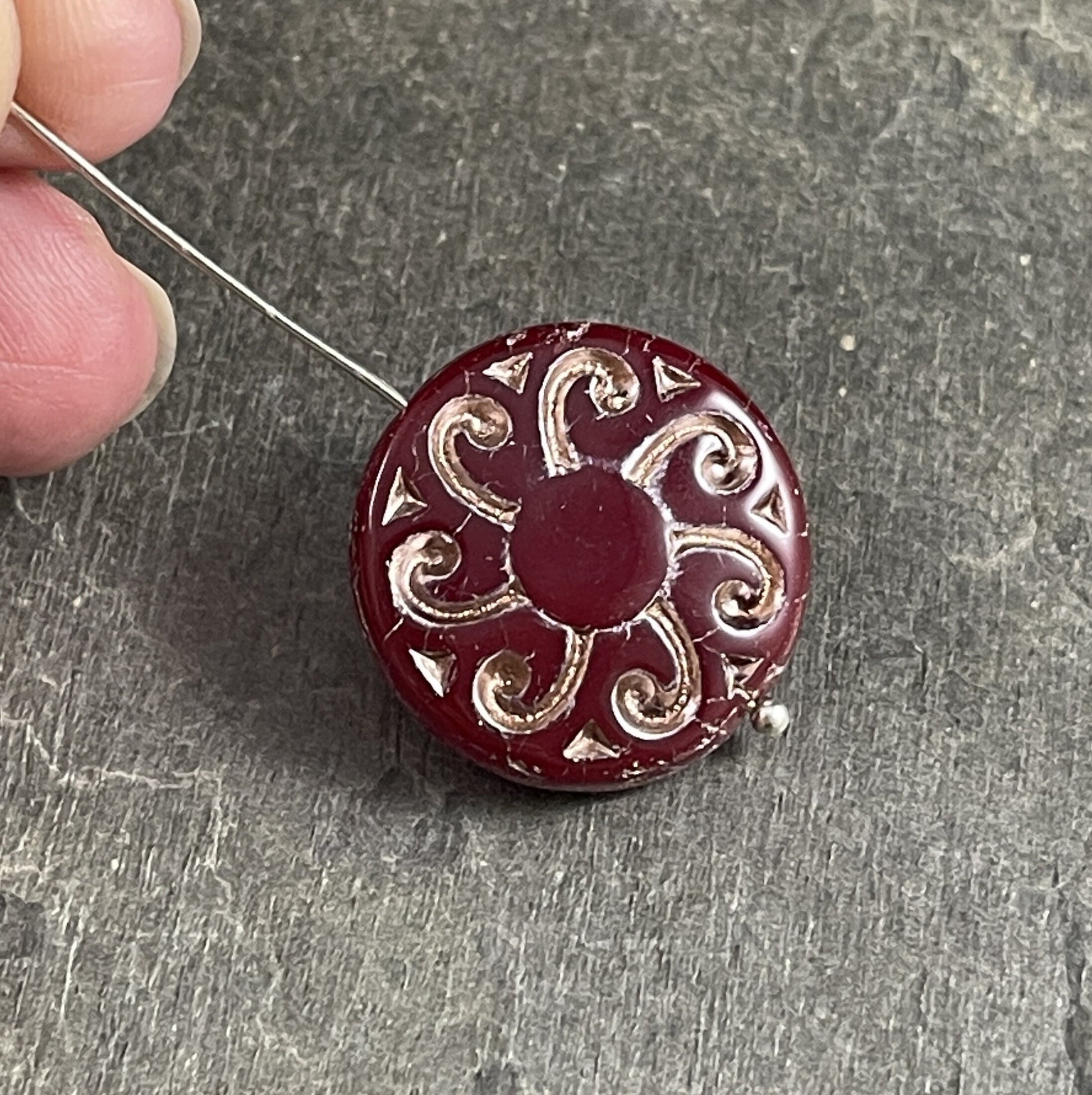 Sun Coin 23mm Czech Glass Beads ~ Dark Red Opaline with Platinum Wash ~ Focal Bead Pendant Bead (C23/RJ-4784) *