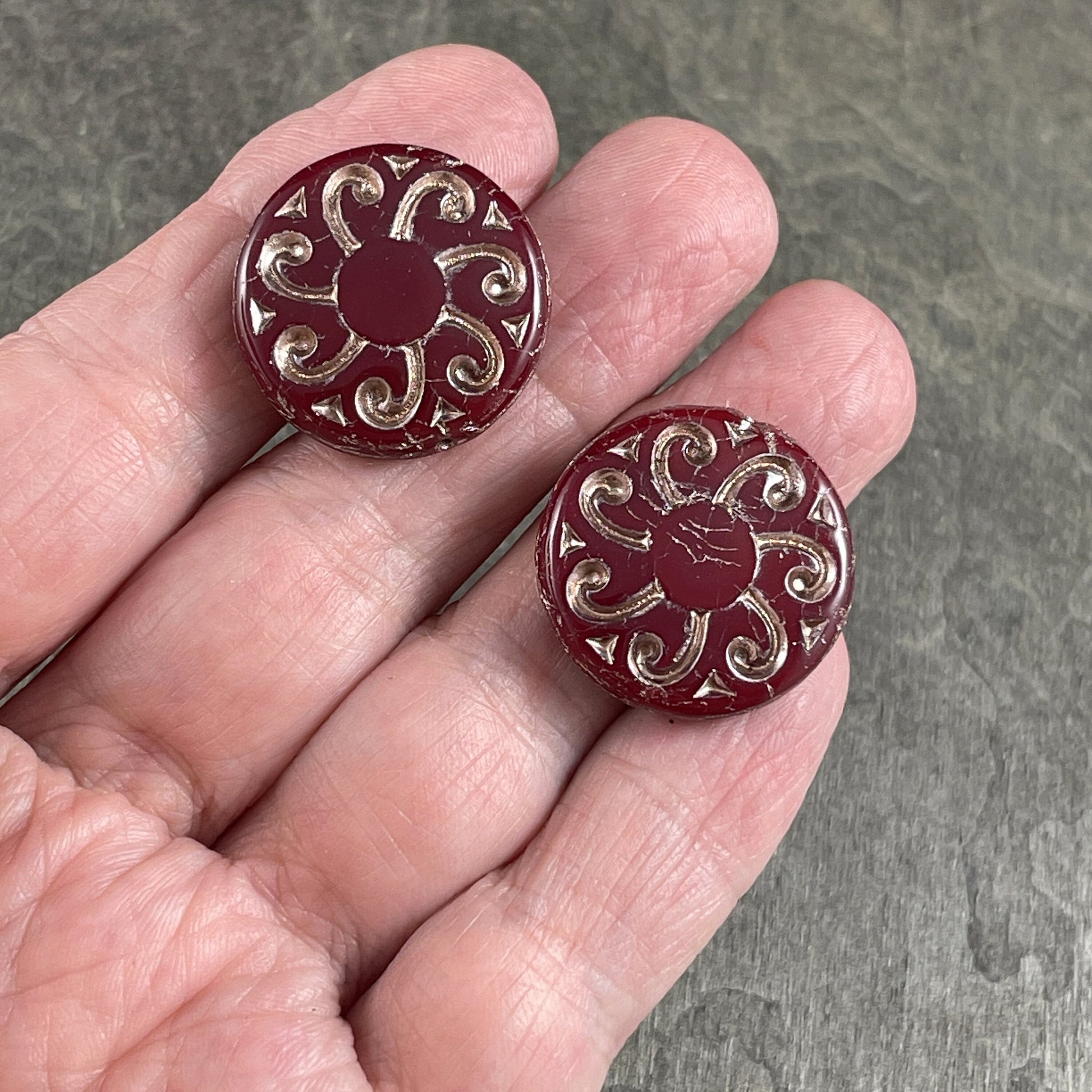 Sun Coin 23mm Czech Glass Beads ~ Dark Red Opaline with Platinum Wash ~ Focal Bead Pendant Bead (C23/RJ-4784) *