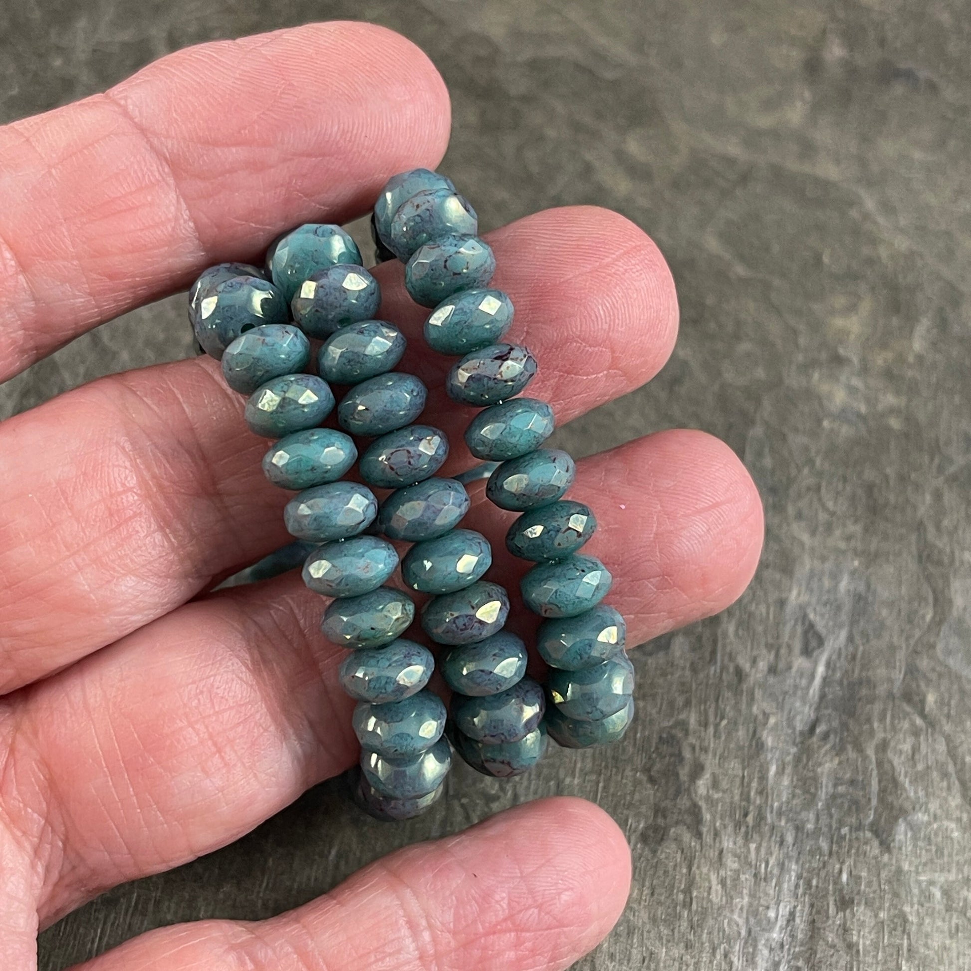 Denim Blue Rondelle Czech Beads 7x5mm Rondelle Czech Glass Beads - Turquoise Blue with Purple Marbled Picasso (R7/RJ-2757) * Qty. 25