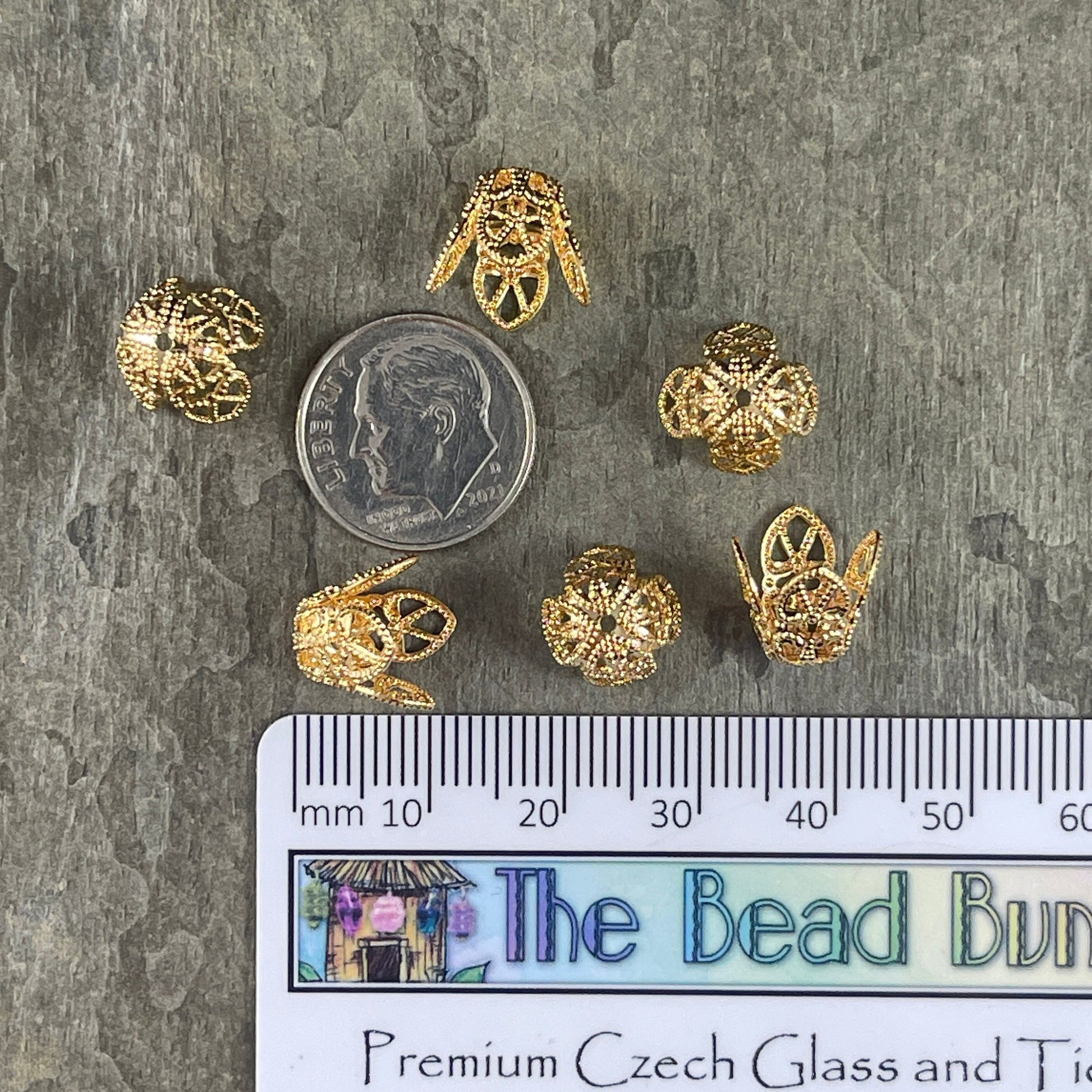 10mm Gold Bead Caps Filigree Bead Caps Bendable Gold Bead Caps Bright Gold Plated Brass Bead Caps (BC-5662) * Qty. 8