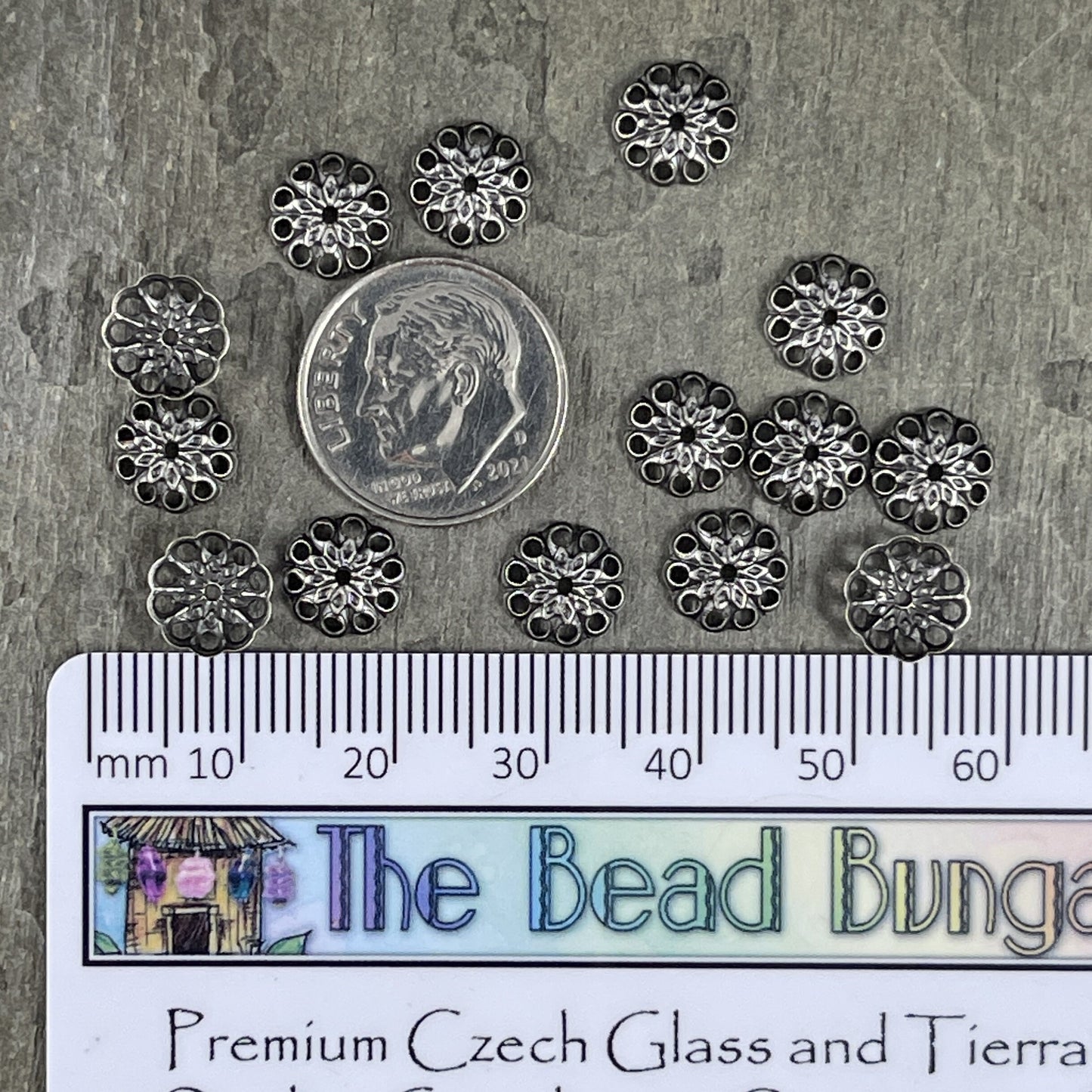 8mm Silver Bead Caps Filigree Bead Caps Low Profile Lacy Bead Caps Antiqued Silver Plated Brass Bead Caps (BC-5634) * Qty. 30