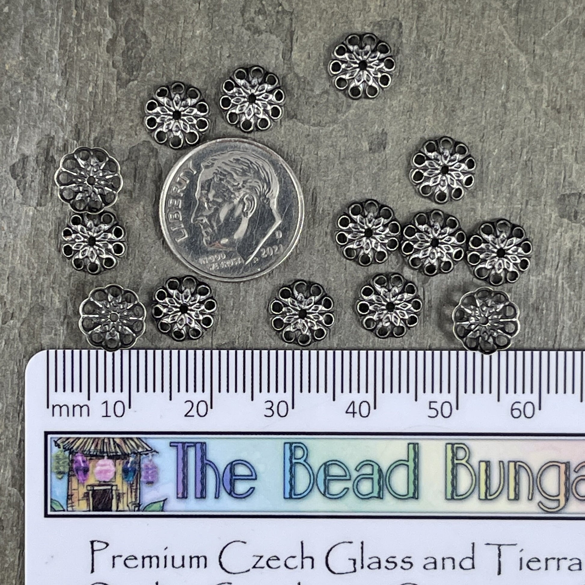 8mm Silver Bead Caps Filigree Bead Caps Low Profile Lacy Bead Caps Antiqued Silver Plated Brass Bead Caps (BC-5634) * Qty. 30