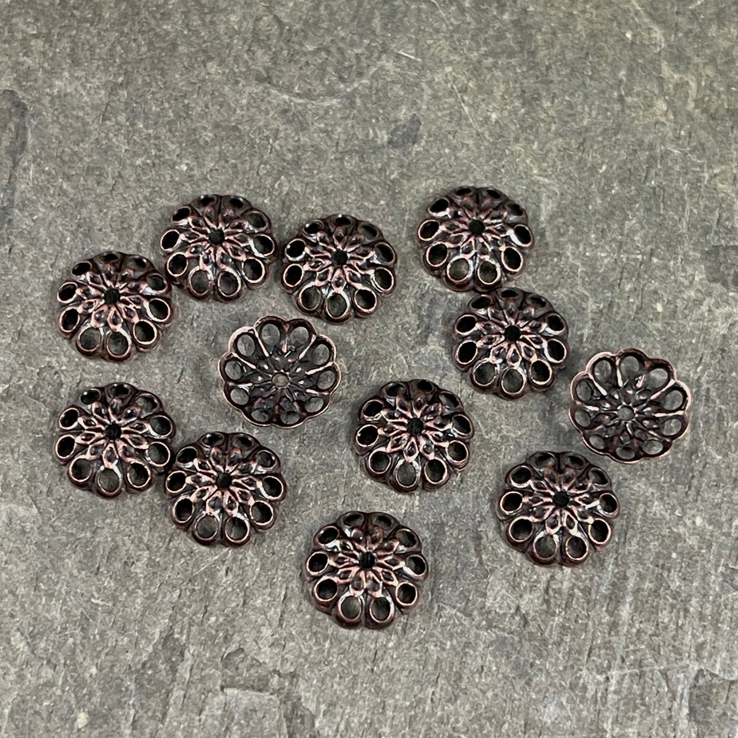 8mm Copper Bead Caps Filigree Bead Caps Low Profile Lacy Bead Caps Antiqued Copper Plated Brass Bead Caps (BC-5638) * Qty. 30