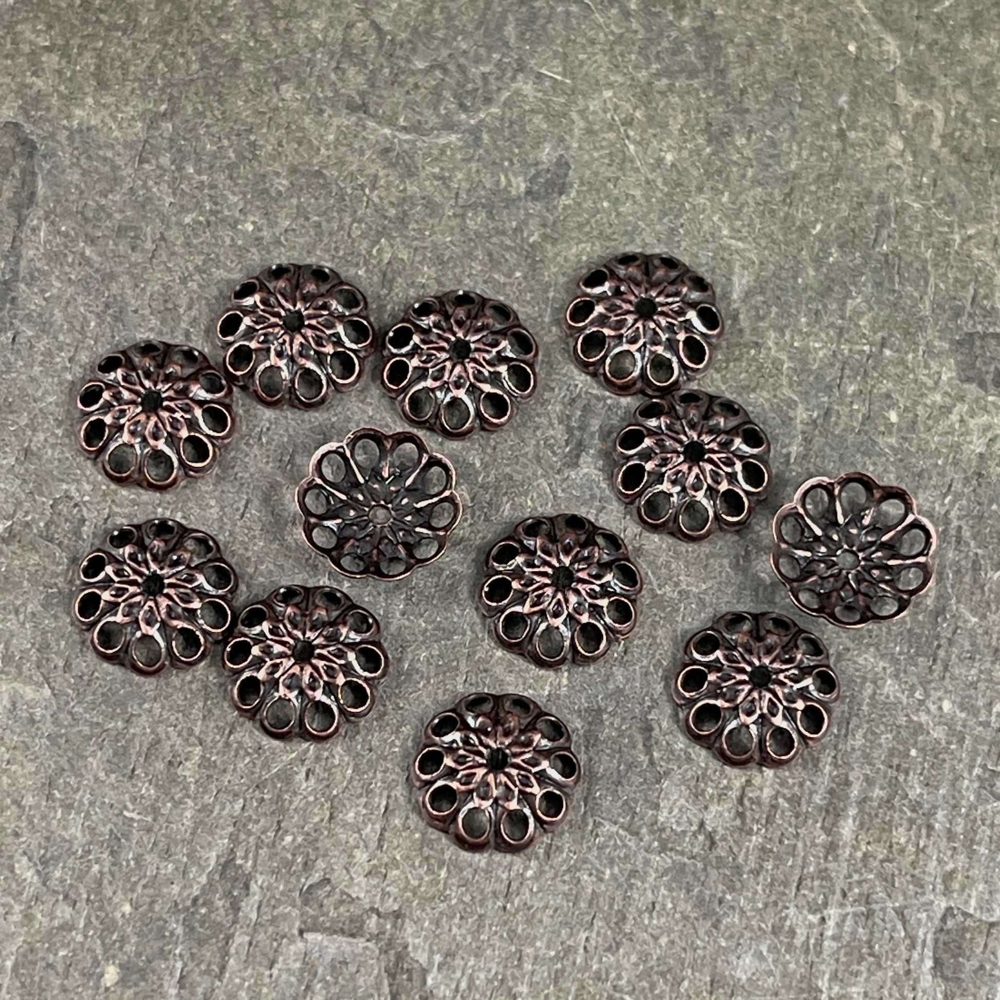 8mm Copper Bead Caps Filigree Bead Caps Low Profile Lacy Bead Caps Antiqued Copper Plated Brass Bead Caps (BC-5638) * Qty. 30