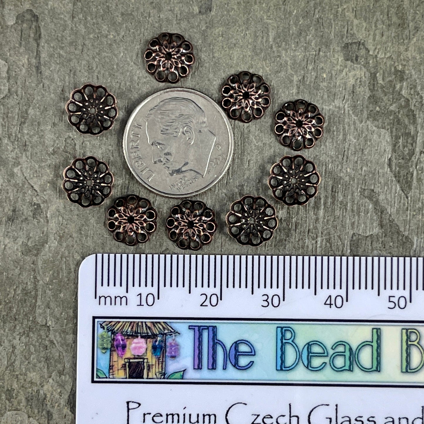 8mm Copper Bead Caps Filigree Bead Caps Low Profile Lacy Bead Caps Antiqued Copper Plated Brass Bead Caps (BC-5638) * Qty. 30