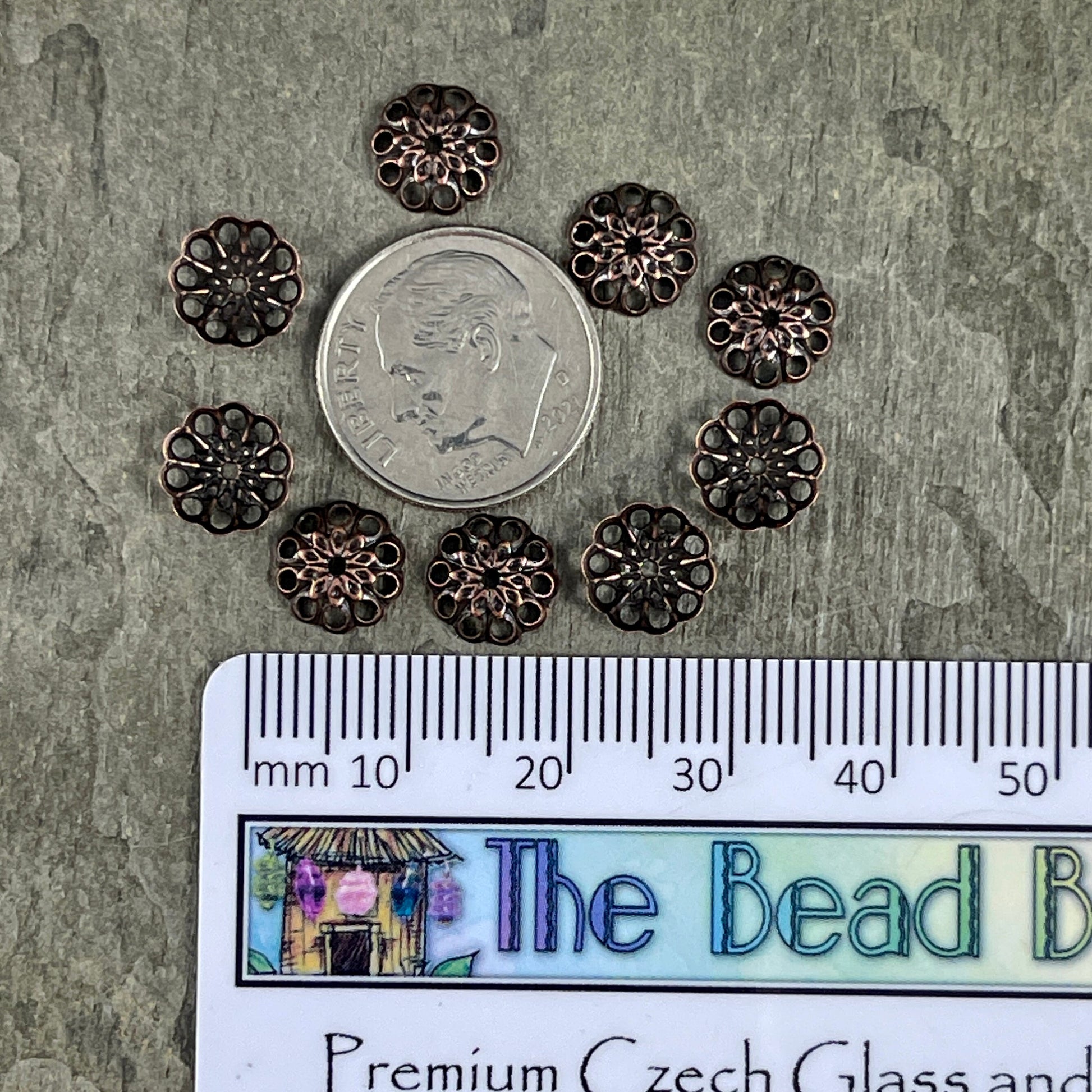 8mm Copper Bead Caps Filigree Bead Caps Low Profile Lacy Bead Caps Antiqued Copper Plated Brass Bead Caps (BC-5638) * Qty. 30