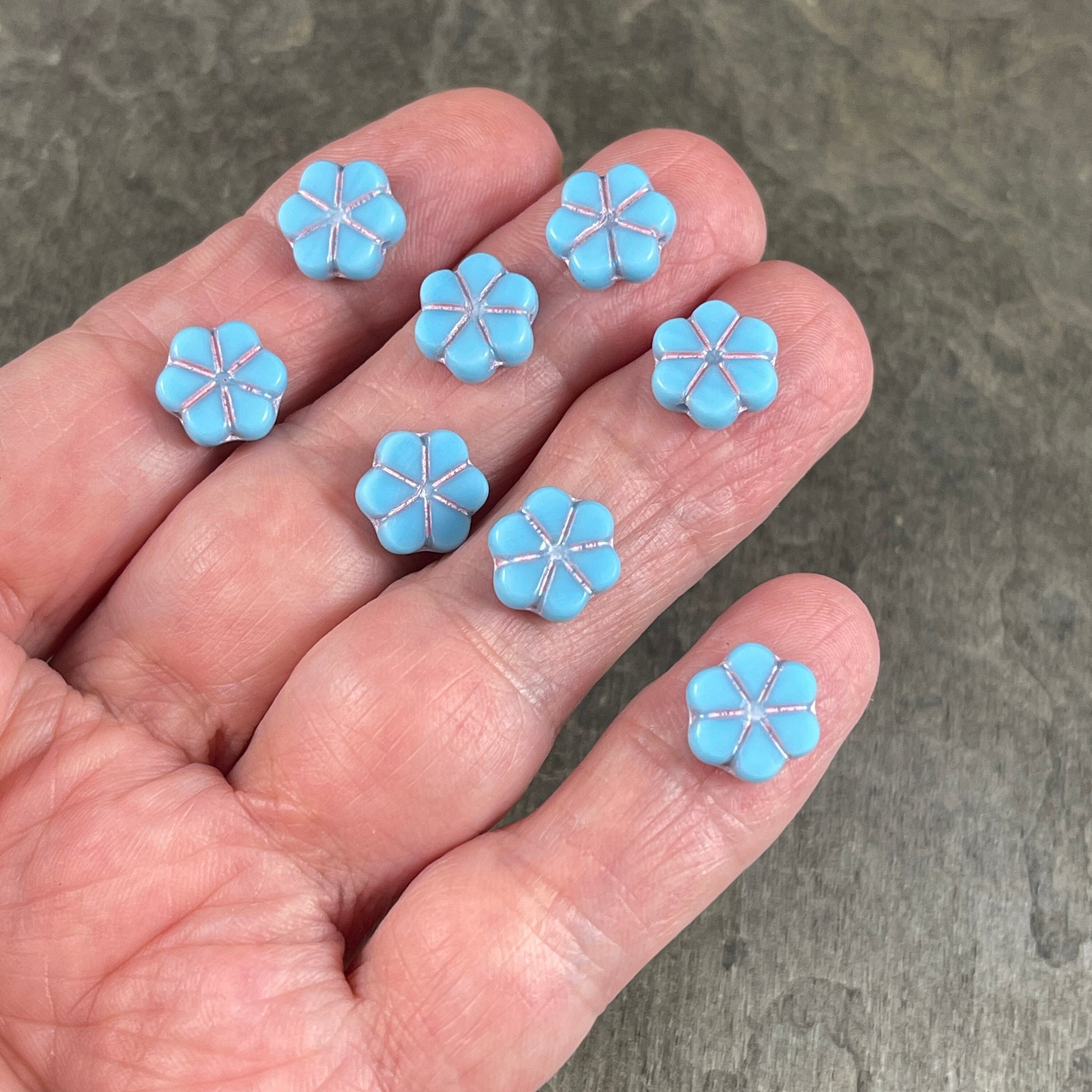 Czech Flower Beads 10mm Opaque Light Blue Flower Sky Blue with Pink Wash Czech Glass Beads (TCFMN-27) * Qty. 8