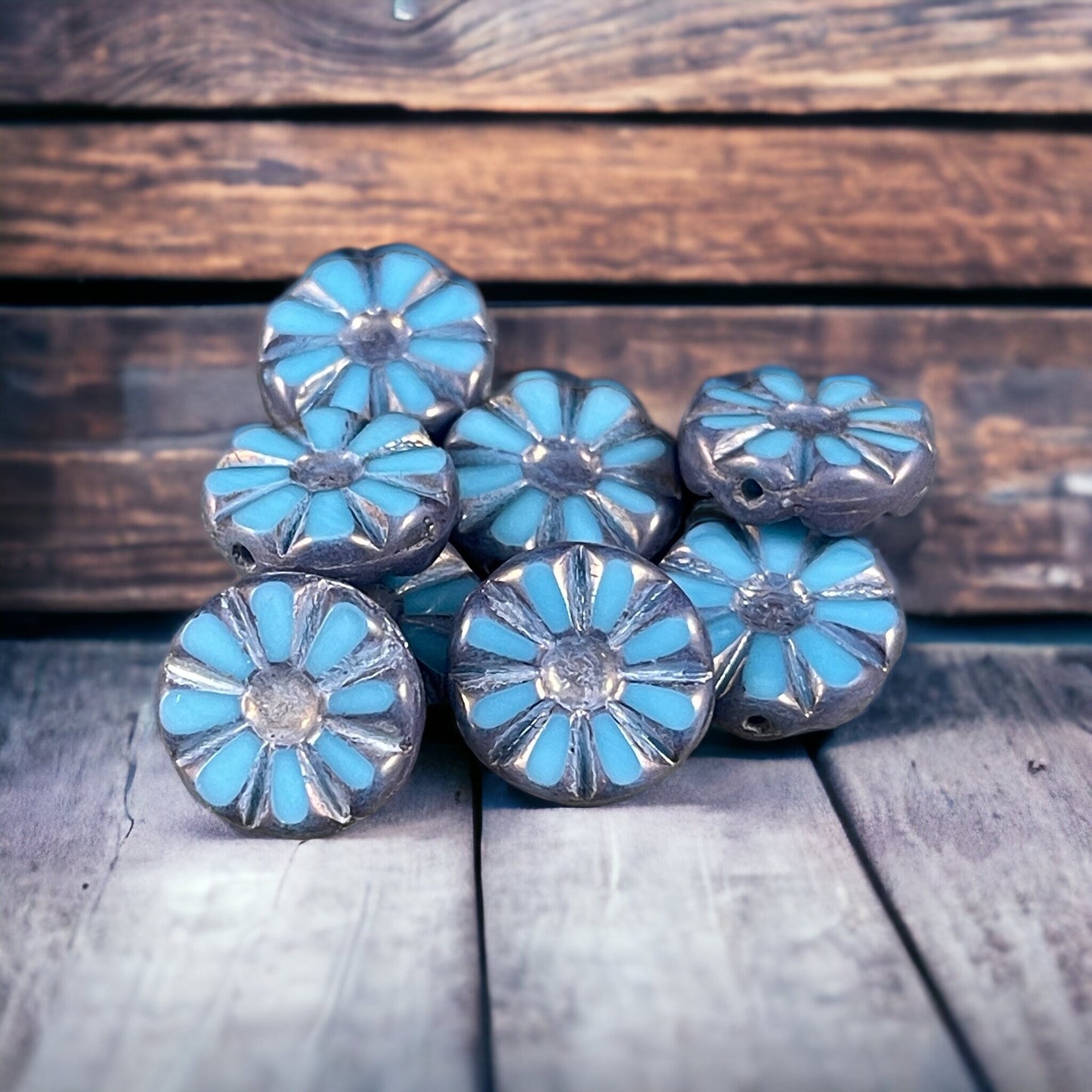 12mm Table Cut Denim Blue Silk Sunflower Coin Beads ~ Sky Blue Picasso Czech Glass Beads (TCF-48) * Qty. 6