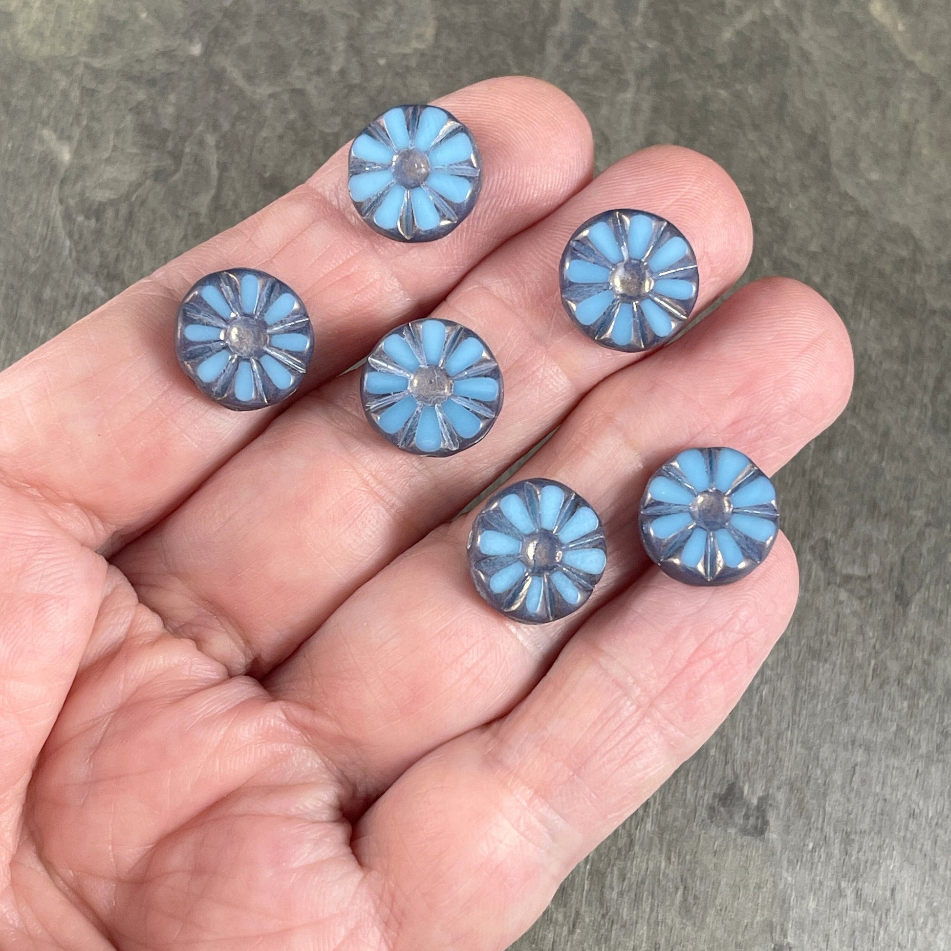 12mm Table Cut Denim Blue Silk Sunflower Coin Beads ~ Sky Blue Picasso Czech Glass Beads (TCF-48) * Qty. 6