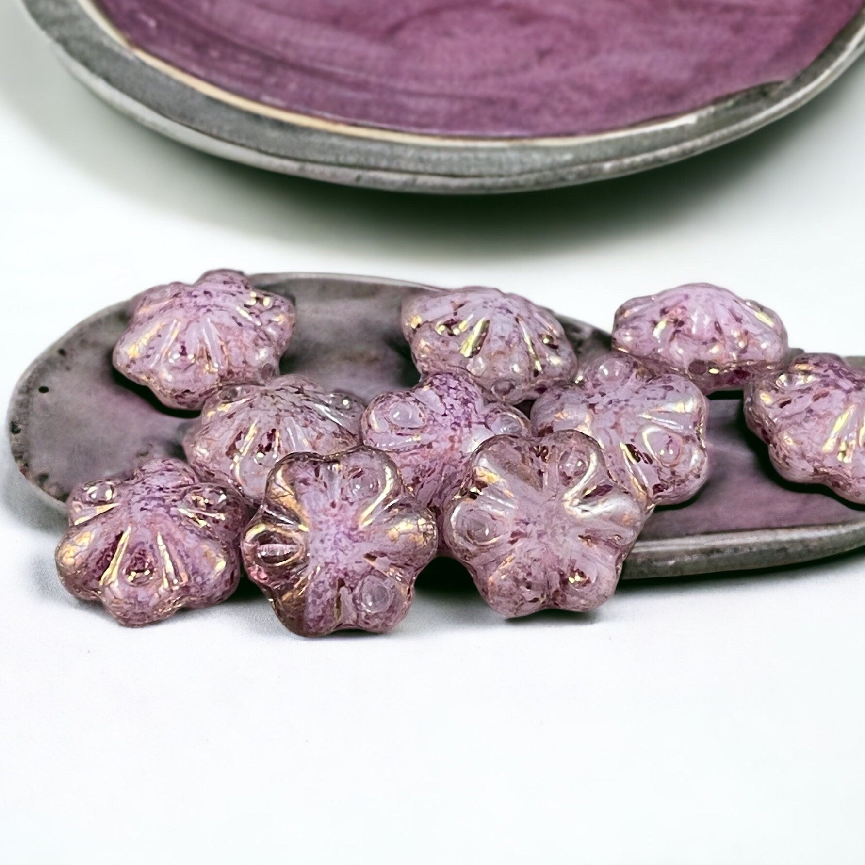 11mm Scalloped Puffy Czech Glass Flower Bead ~ Pale Pink with Marbled Purple Picasso Finish (PFS15) * Qty. 8