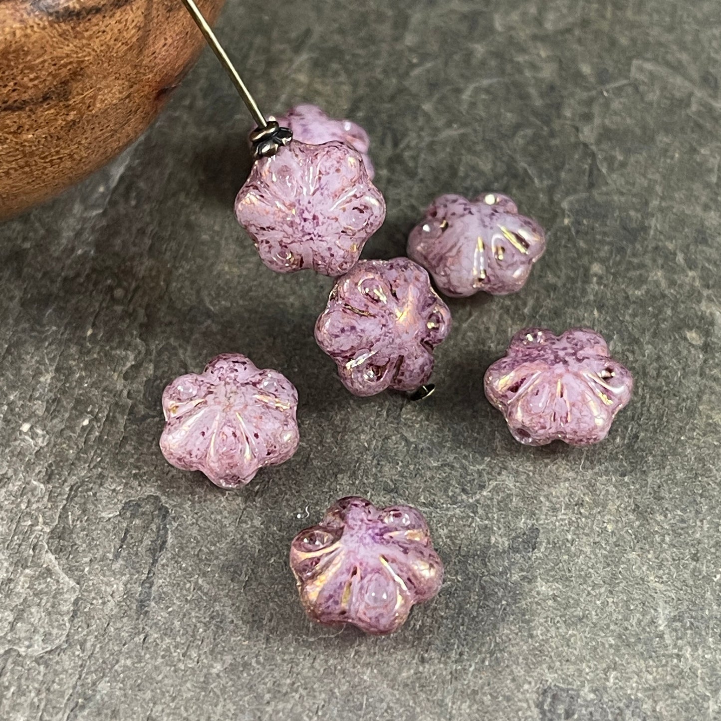 11mm Scalloped Puffy Czech Glass Flower Bead ~ Pale Pink with Marbled Purple Picasso Finish (PFS15) * Qty. 8