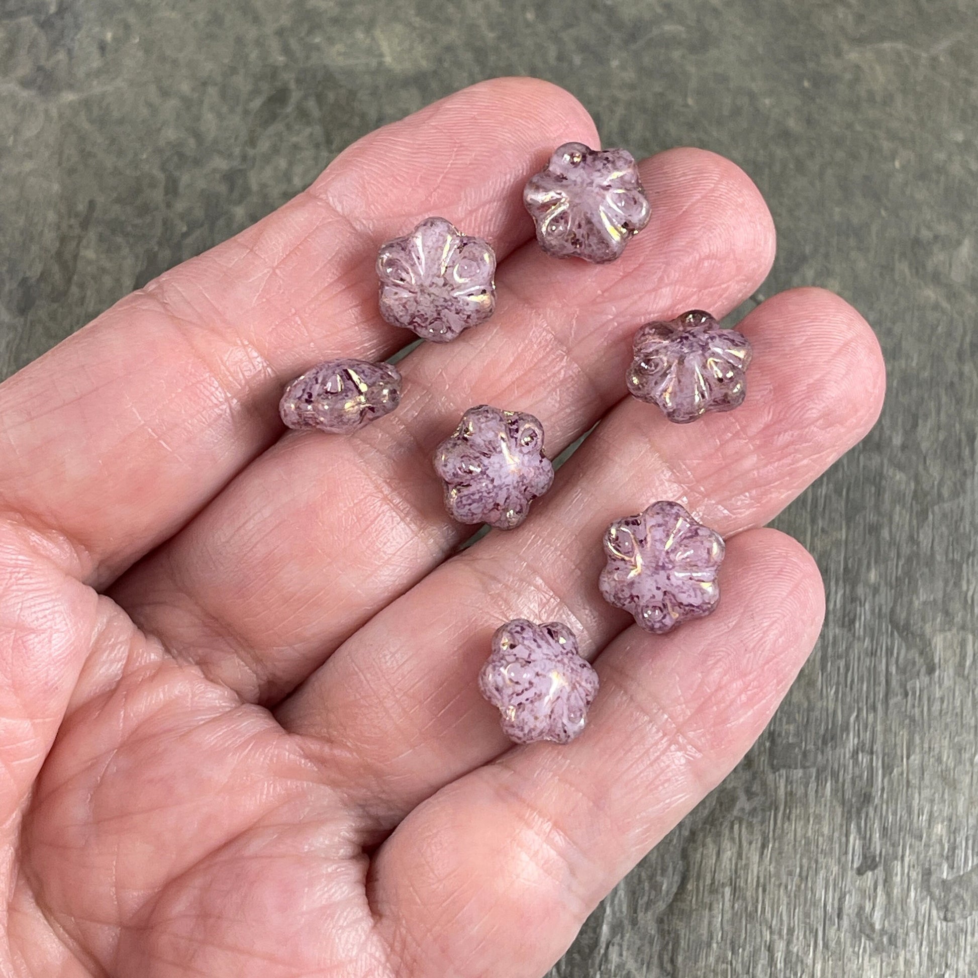 11mm Scalloped Puffy Czech Glass Flower Bead ~ Pale Pink with Marbled Purple Picasso Finish (PFS15) * Qty. 8