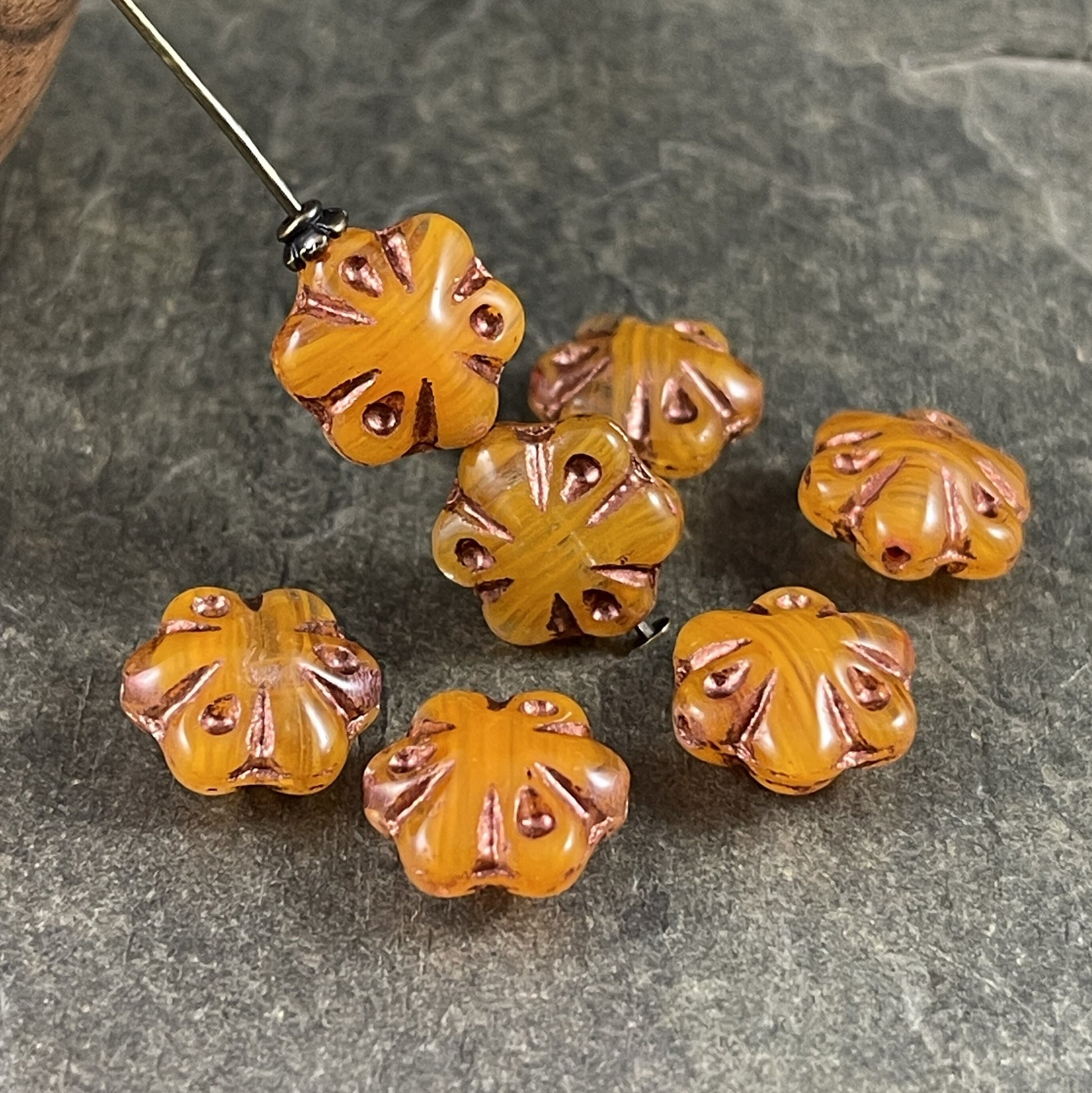 Orange Glass Flower Beads Mango Orange with Copper Wash 11mm Scalloped Puffy Flower Bead Czech Glass Beads (PFS10) * Qty. 8