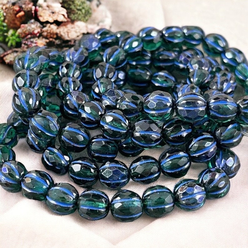 8mm Faceted Blue Green Faceted Melon Shape Beads ~ Czech Glass Beads ~ Emerald and Cobalt with Blue Wash (8FM/N-1781) * Qty. 10