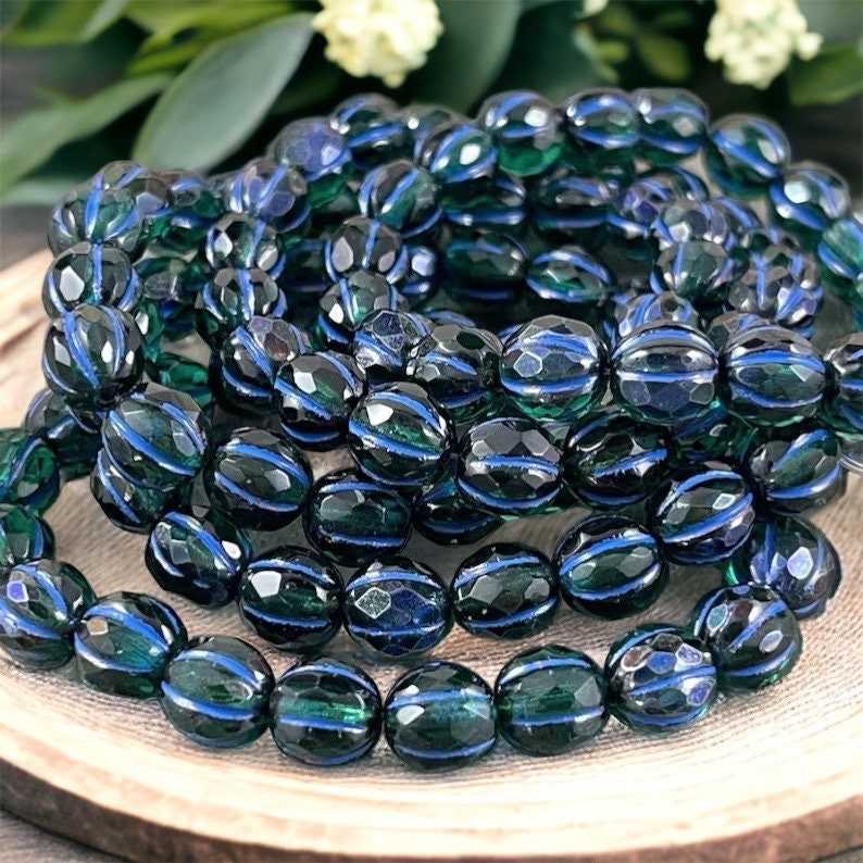 8mm Faceted Blue Green Faceted Melon Shape Beads ~ Czech Glass Beads ~ Emerald and Cobalt with Blue Wash (8FM/N-1781) * Qty. 10