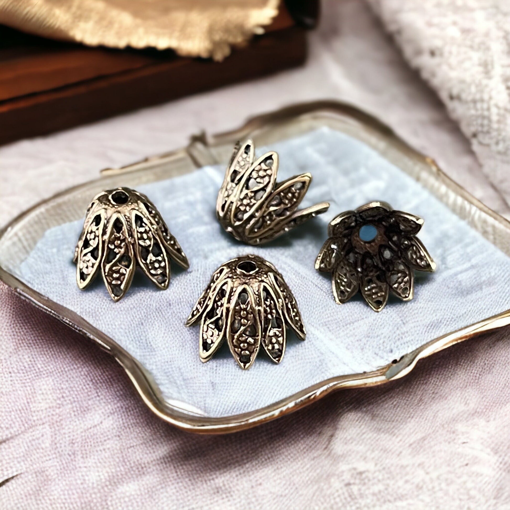 7mm Oxidized Brass Filigree Bead Caps ~ 7mm Victorian Style Brass Bead Caps (VJS-R589) *