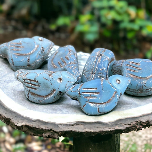 Czech Glass Beads Matte Sky Blue Bird with Silver Wash Nature Theme Beads Bird Focal Beads 11x22mm Chunky Bird Beads (N-0777) * Qty. 2