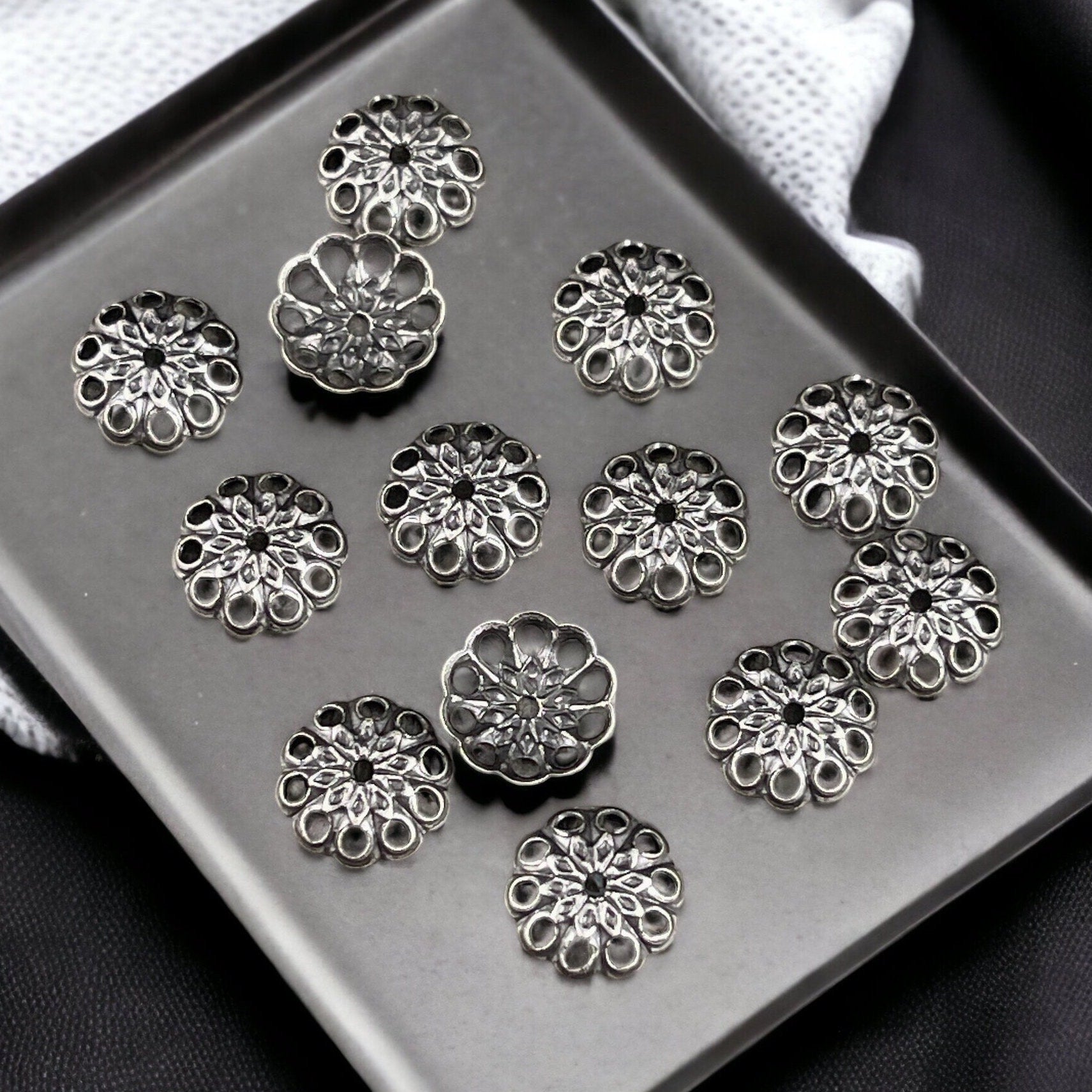 8mm Silver Bead Caps Filigree Bead Caps Low Profile Lacy Bead Caps Antiqued Silver Plated Brass Bead Caps (BC-5634) * Qty. 30