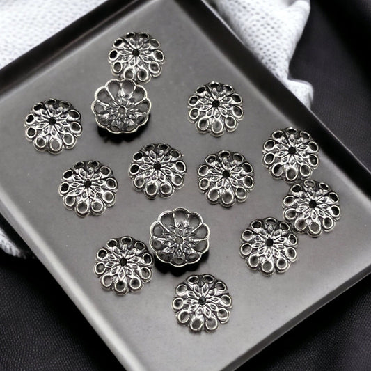 8mm Silver Bead Caps Filigree Bead Caps Low Profile Lacy Bead Caps Antiqued Silver Plated Brass Bead Caps (BC-5634) * Qty. 30