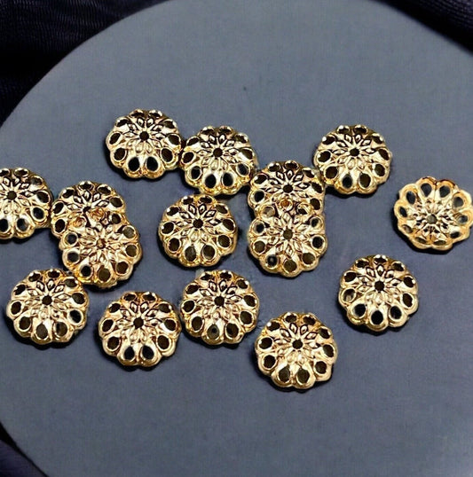 8mm Gold Bead Caps Filigree Bead Caps Low Profile Lacey Gold Bead Caps Bright Gold Plated Brass Bead Caps (BC-5629) * Qty. 30