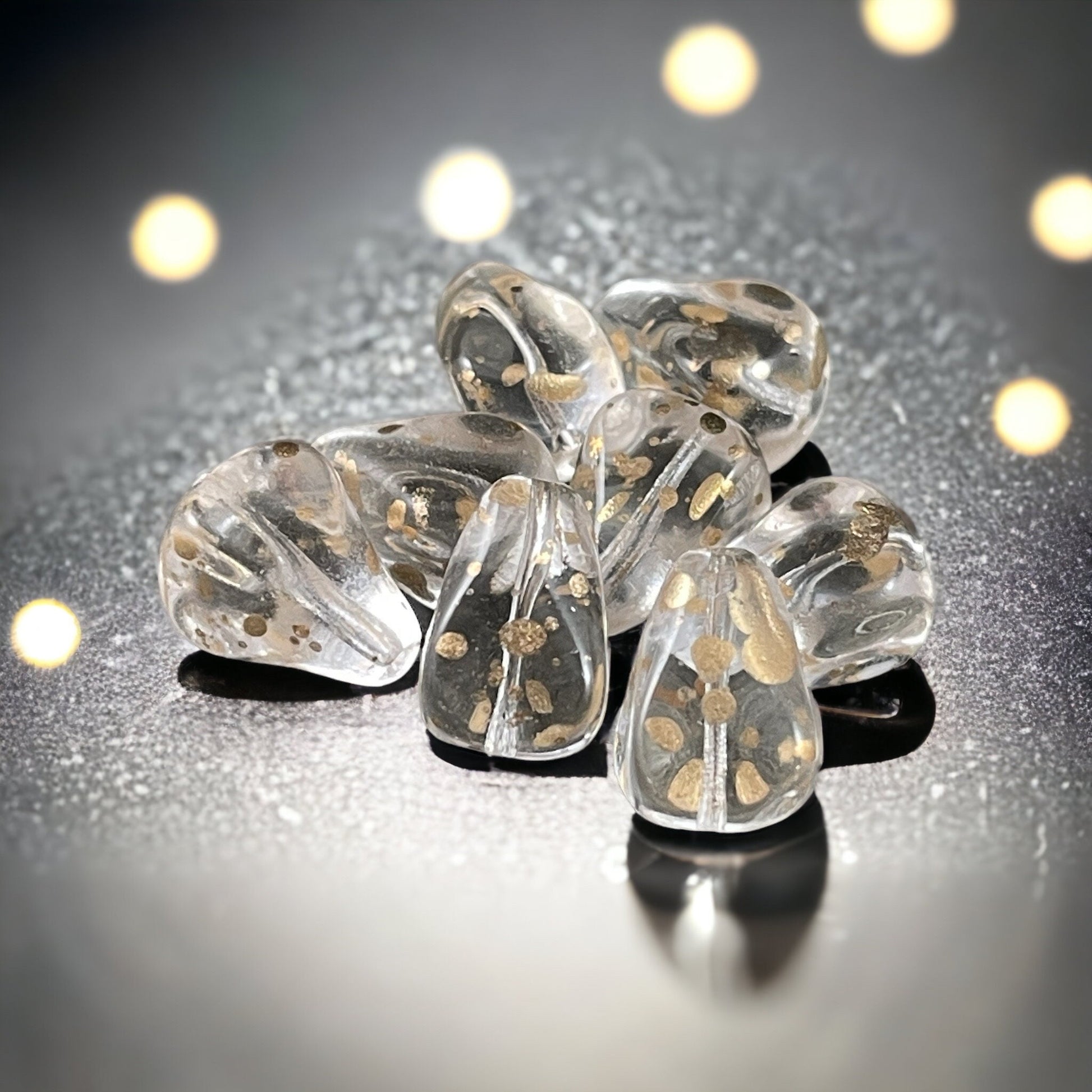 Crystal Teardrop with Gold Flecks ~ Elegant Teardrop Bead - Crystal Clear Czech Glass Beads (Drop/RJ-4821) * Qty. 6