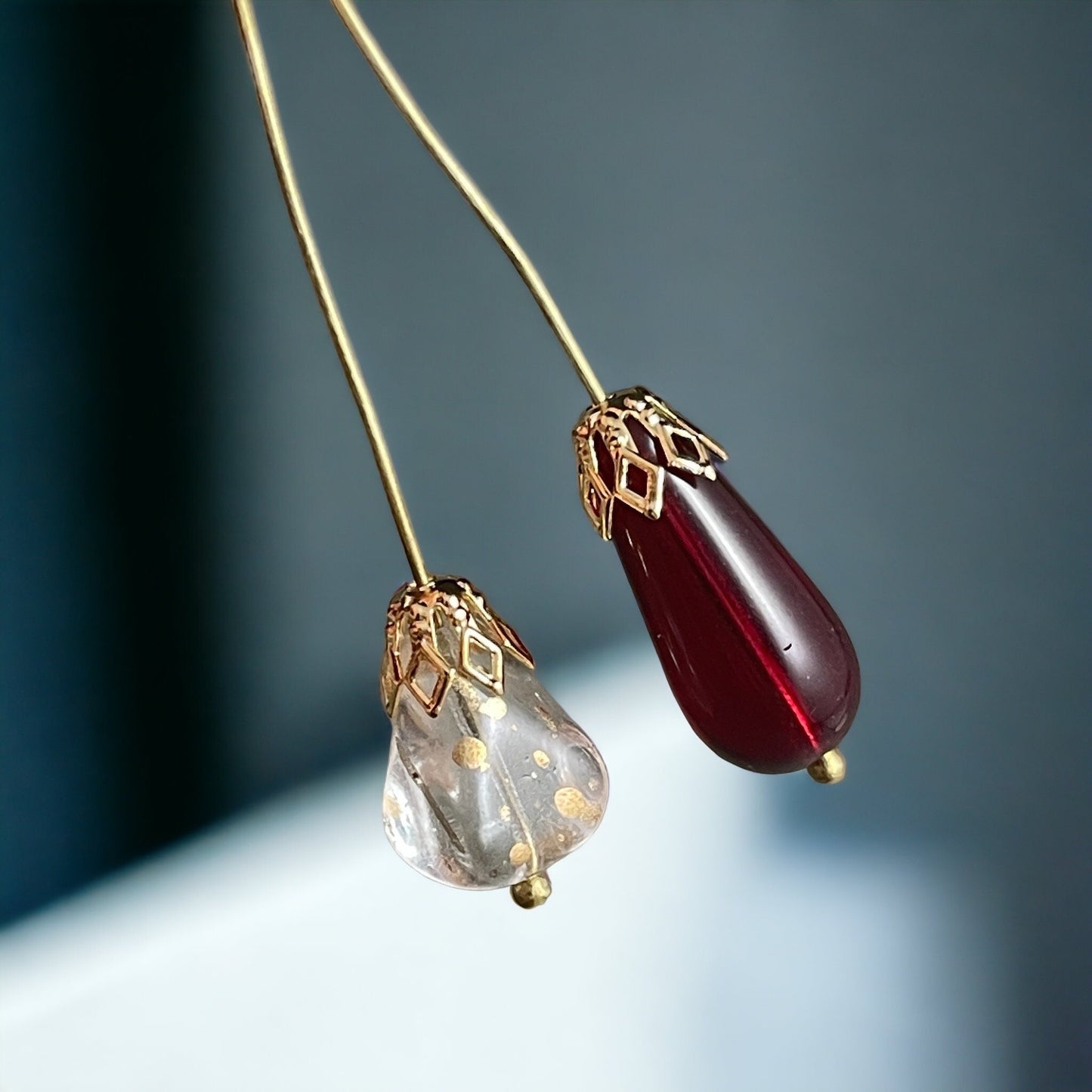 Crystal Teardrop with Gold Flecks ~ Elegant Teardrop Bead - Crystal Clear Czech Glass Beads (Drop/RJ-4821) * Qty. 6