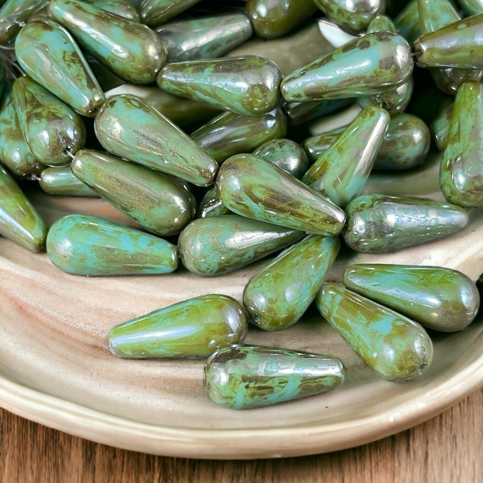 20x9mm Turquoise Teardrop Beads Czech Glass Beads Elongated Teardrop Turquoise with Bronze Luster Picasso (DRO/N-0649)