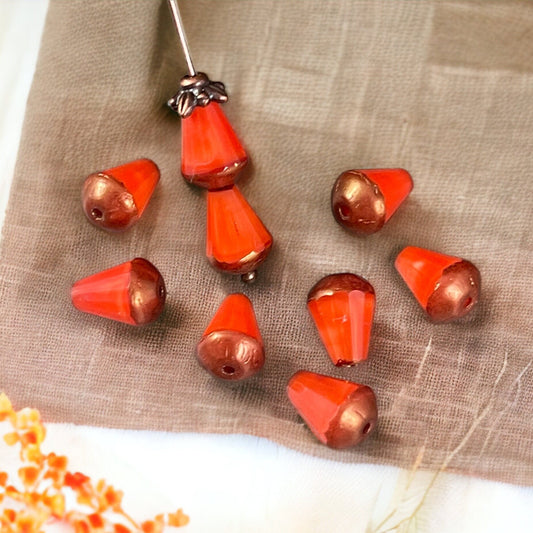 8mm Beveled Orange Teardrop Beads ~ Bright Orange Czech Glass Beads ~ Orange Silk Teardrop with Copper Picasso (DRO/RJ-2078) * Qty. 15