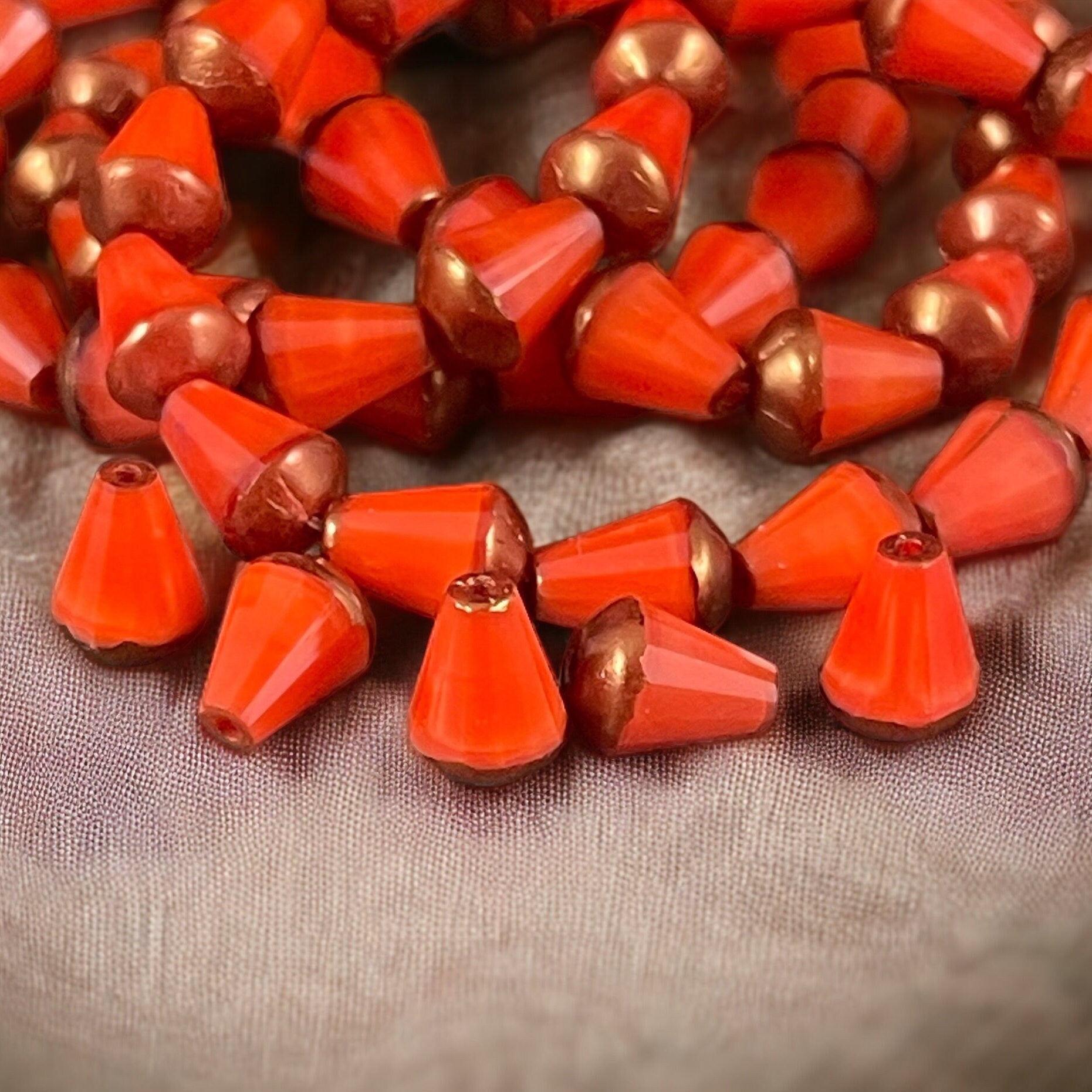 8mm Beveled Orange Teardrop Beads ~ Bright Orange Czech Glass Beads ~ Orange Silk Teardrop with Copper Picasso (DRO/RJ-2078) * Qty. 15