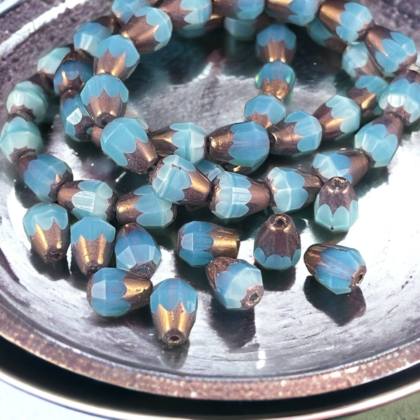 8mm Blue Czech Glass Beads ~ Teardrop Beads ~ Aqua Blue Opaline Teardrop with Purple Bronze Picasso ~ Czech Beads (DRO/RJ-1833) * Qty. 15