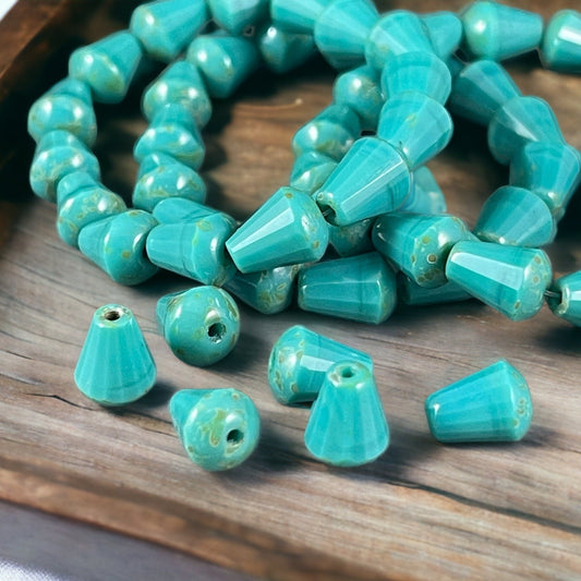 8mm Turquoise Beveled Tear Drops Czech Glass Beads Faceted Turquoise Teardrop with Light Picasso (DRO/RJ-2461) * Qty. 15