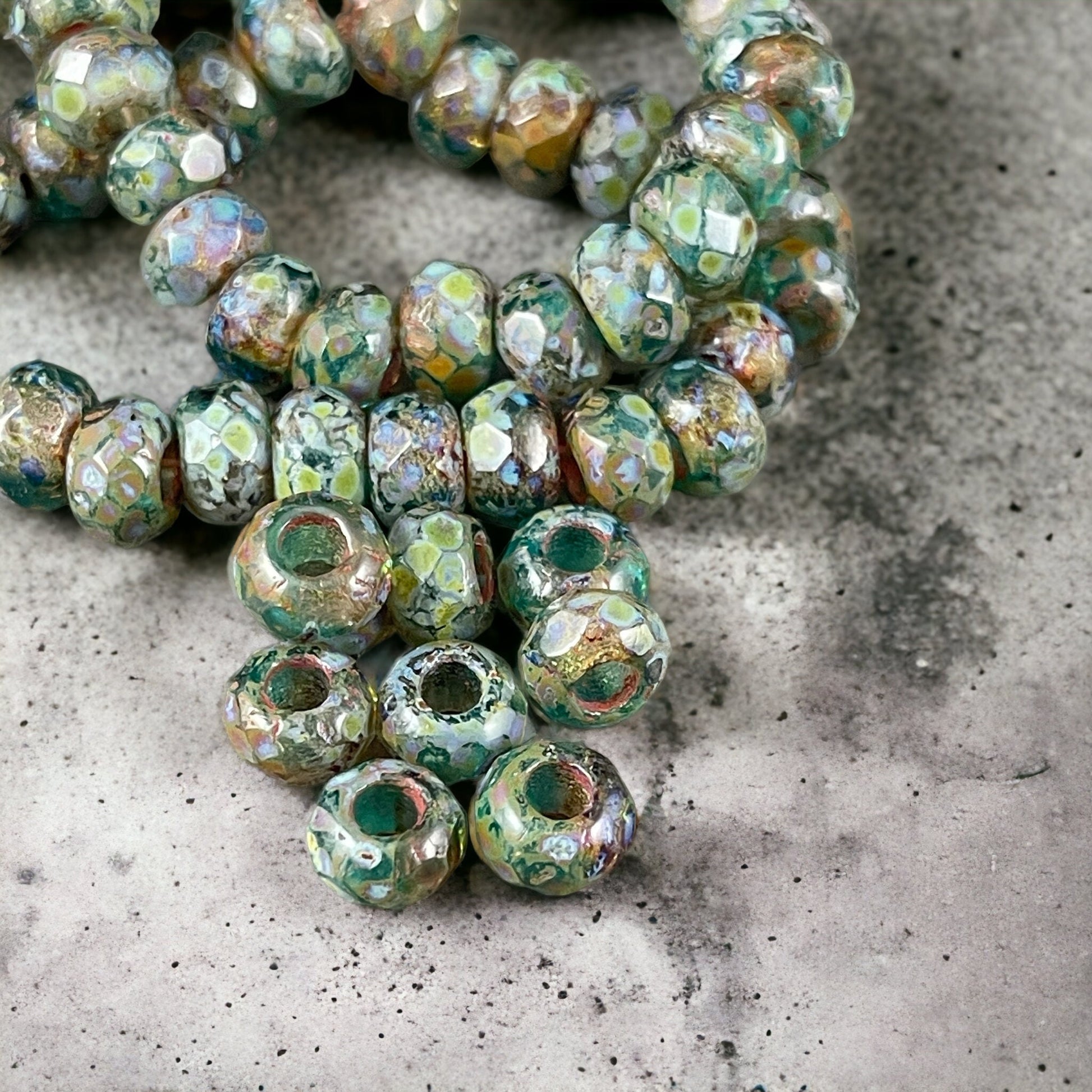 Large Hole Rondelles 9x6mm Roller Beads with 3.5mm hole Czech Glass Beads - Green Picasso Beads (ROL/N-1061) * Qty. 10