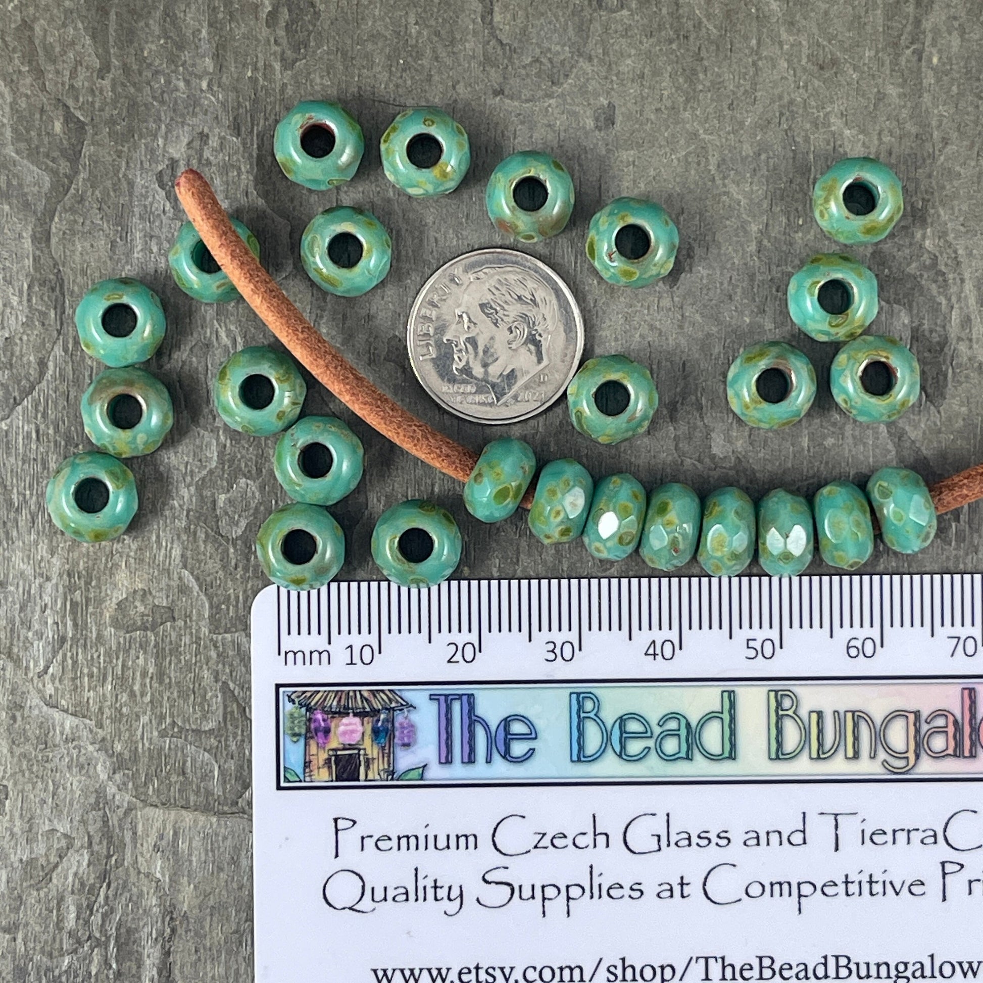 Large Hole Rondelles ~ 9x6mm Roller Beads with 3.5mm hole ~ Czech Glass Beads - Tea Green Turquoise Picasso Beads (ROL/N-0634) * Qty. 10