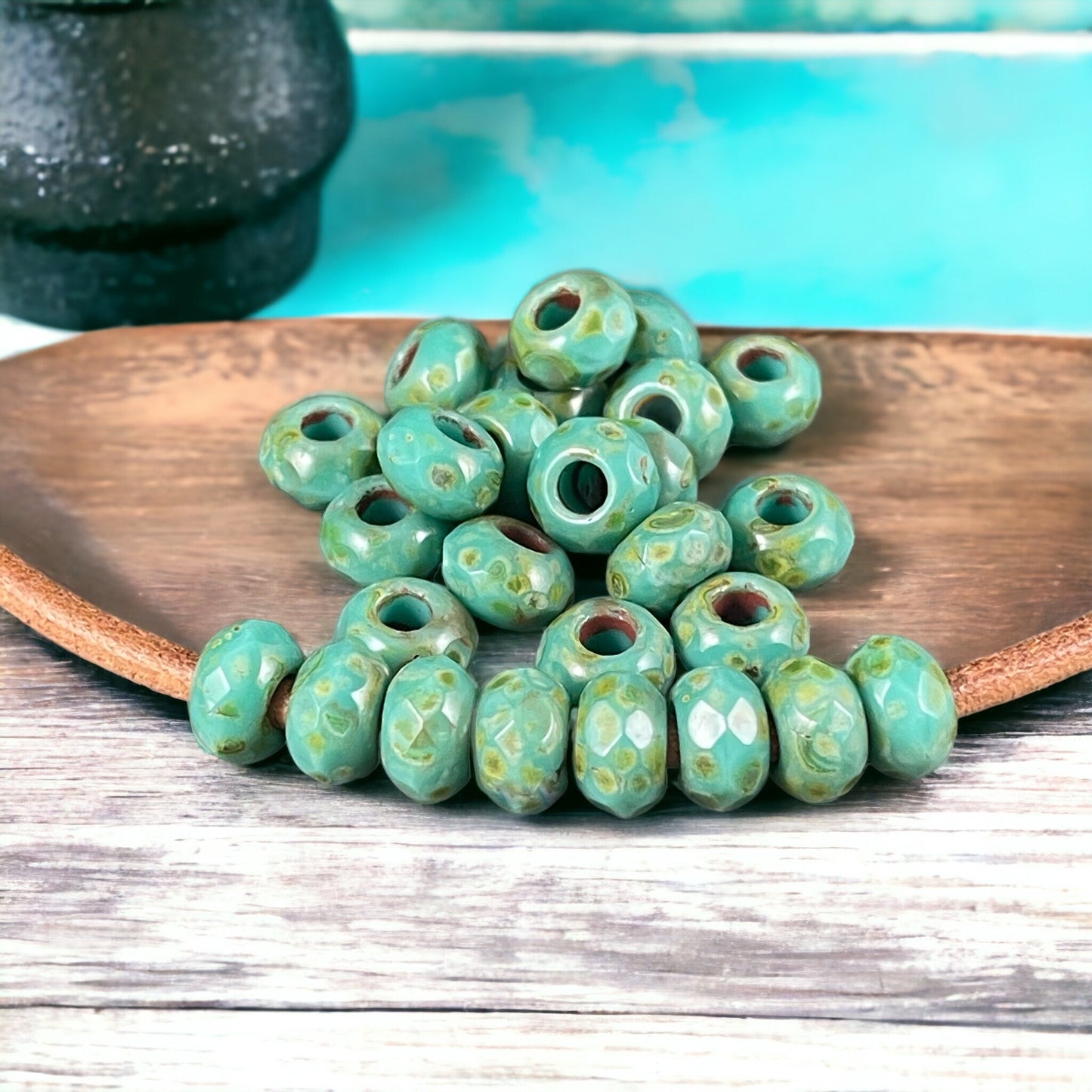 Large Hole Rondelles ~ 9x6mm Roller Beads with 3.5mm hole ~ Czech Glass Beads - Tea Green Turquoise Picasso Beads (ROL/N-0634) * Qty. 10